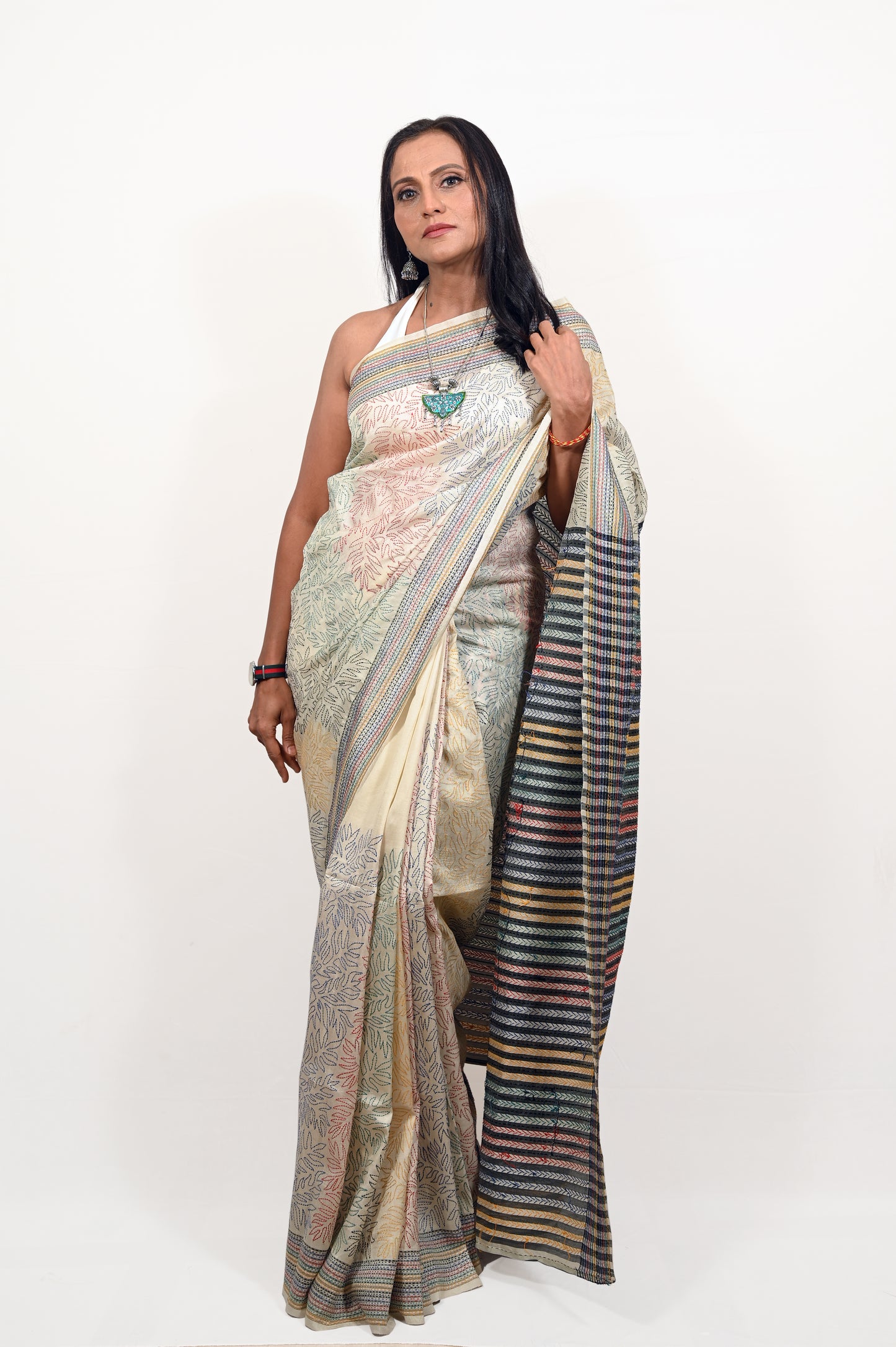 Ivory Colored Kantha Hand Embroidered Pure Tussar Saree