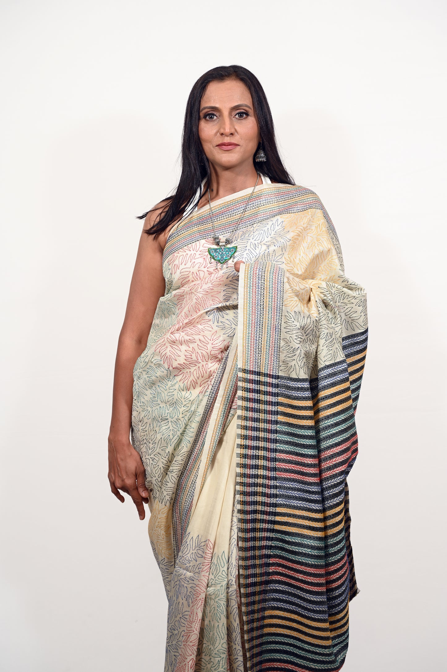 Ivory Colored Kantha Hand Embroidered Pure Tussar Saree