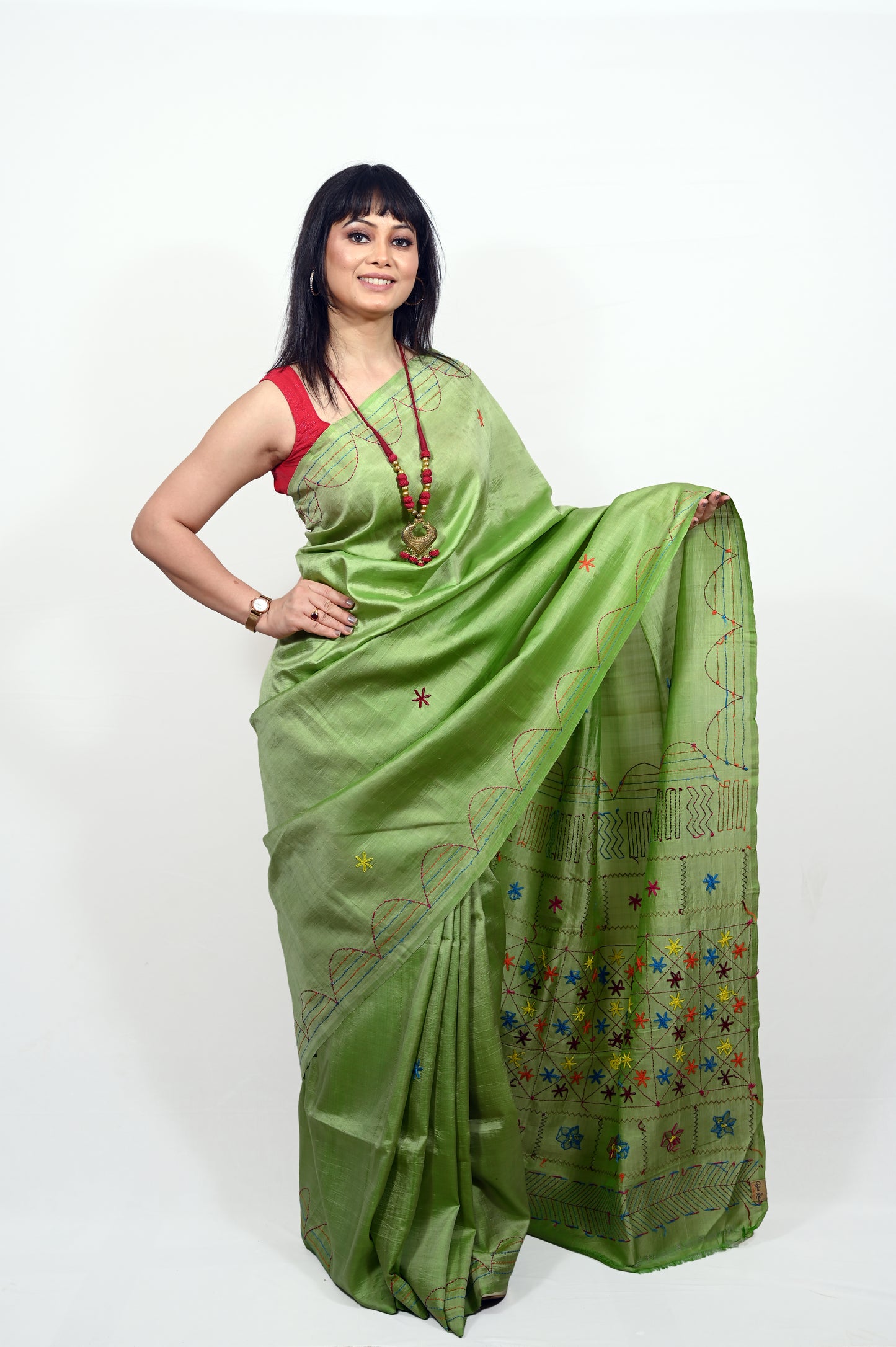 Pure Silk Kantha Embroidered Green Saree