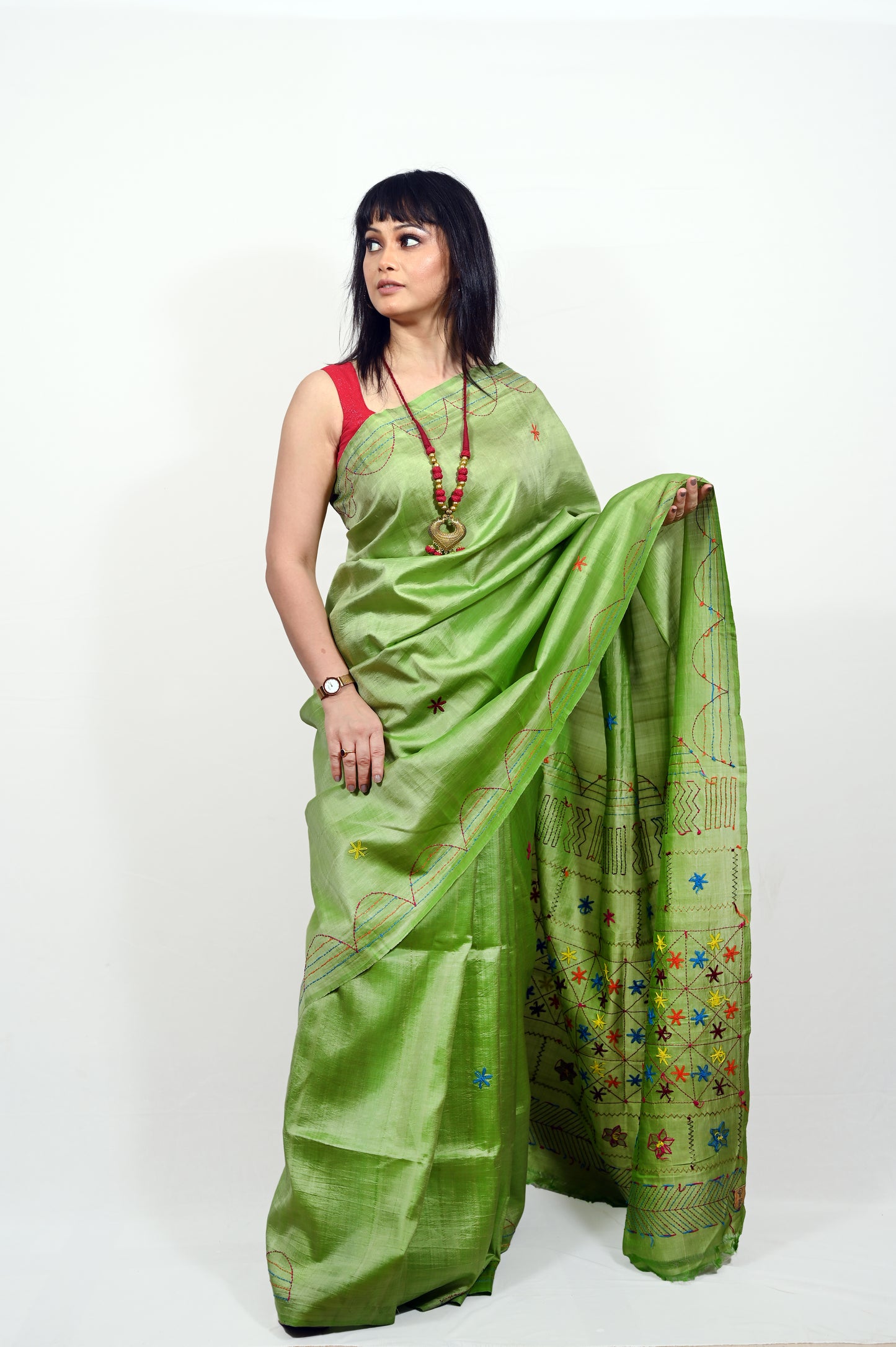 Pure Silk Kantha Embroidered Green Saree