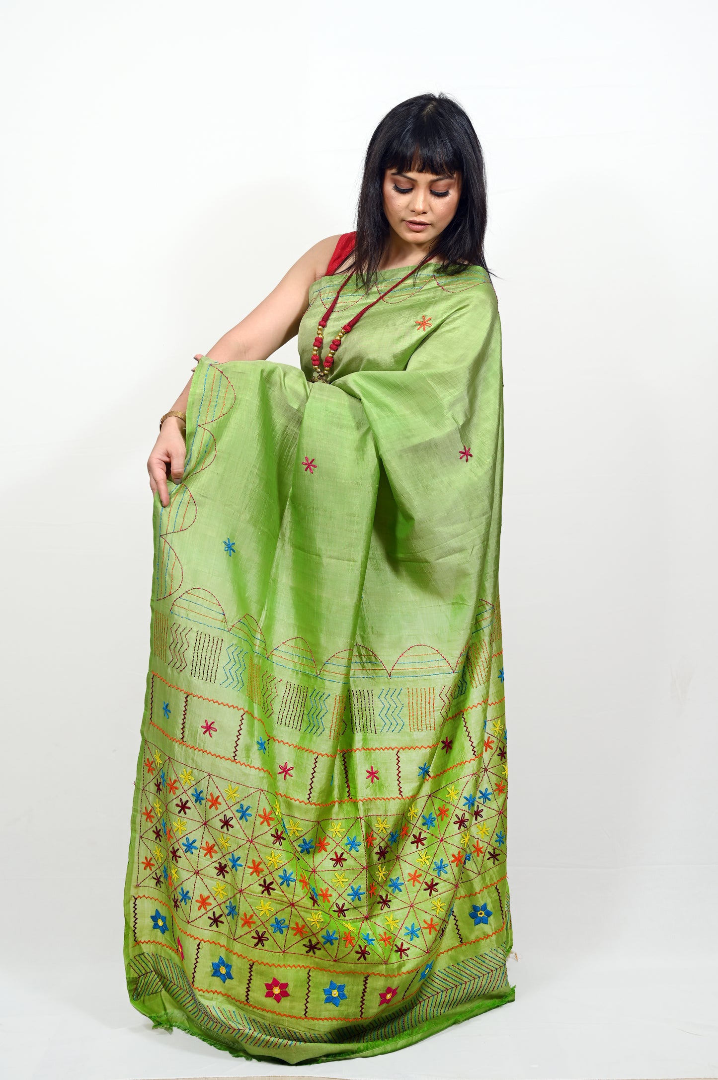Pure Silk Kantha Embroidered Green Saree