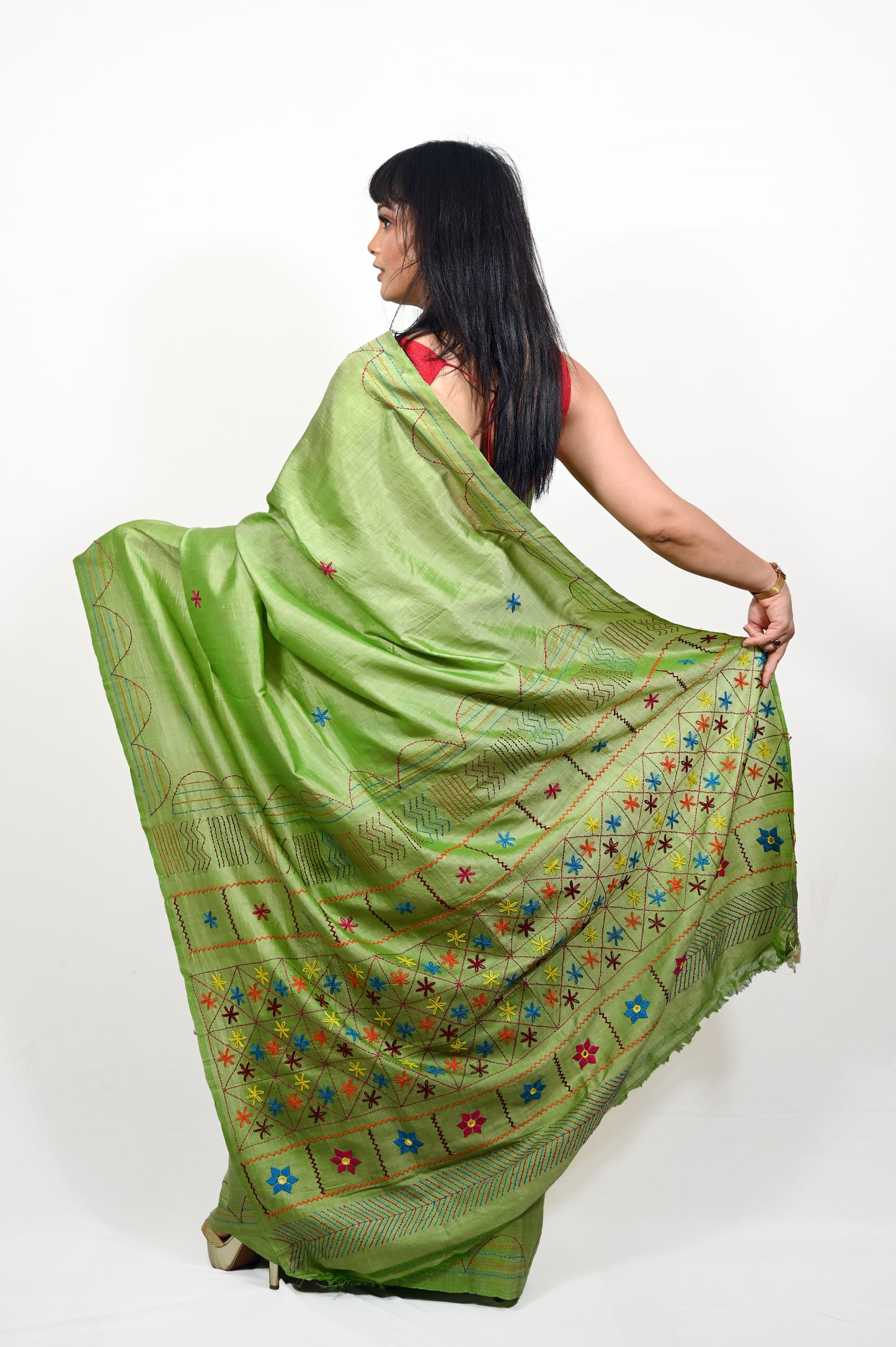 Pure Silk Kantha Embroidered Green Saree