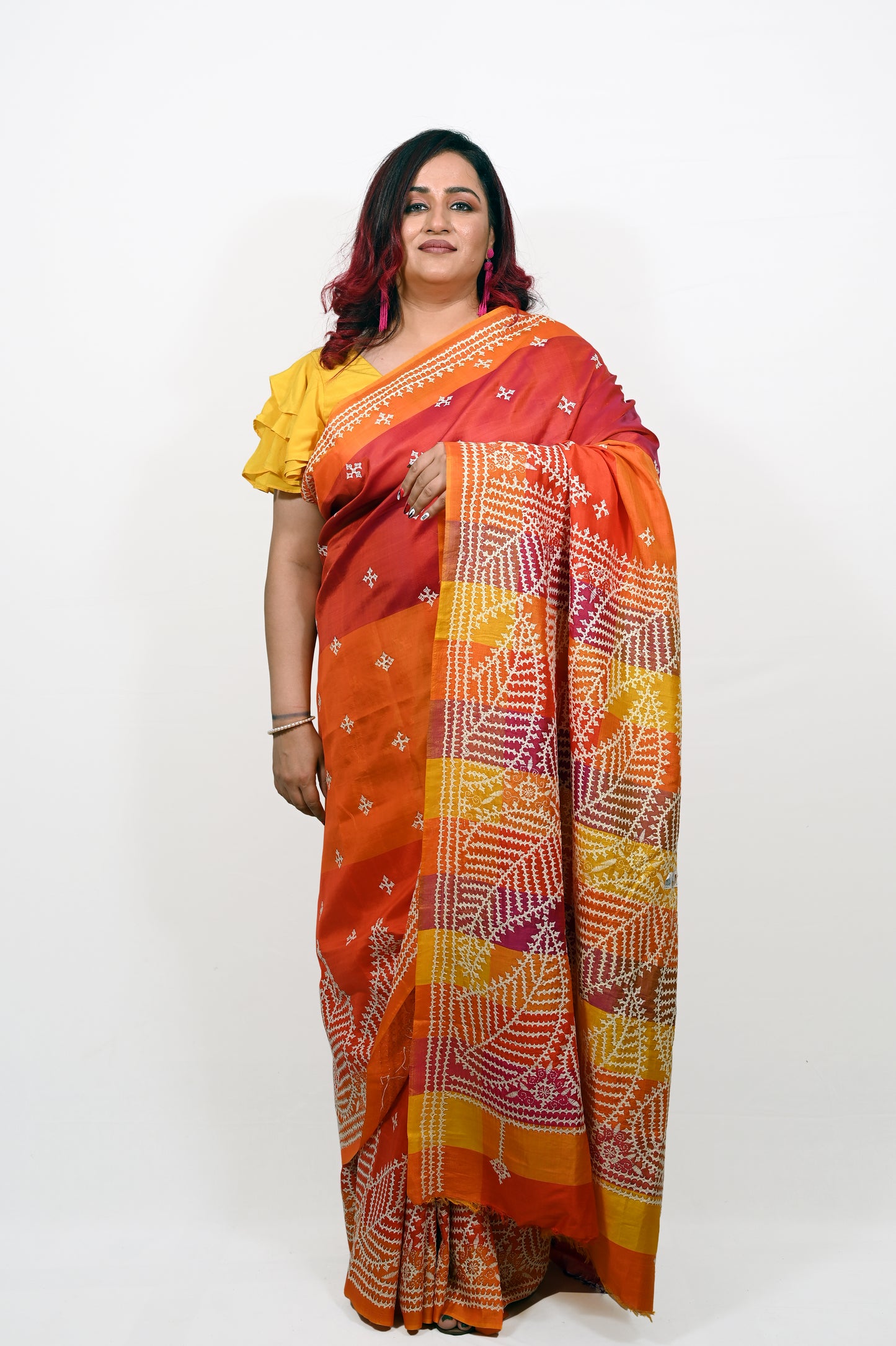 Kutchi Hand Embroidered Pure Katan Silk Saree in Shades of Orange, Red, and Yellow