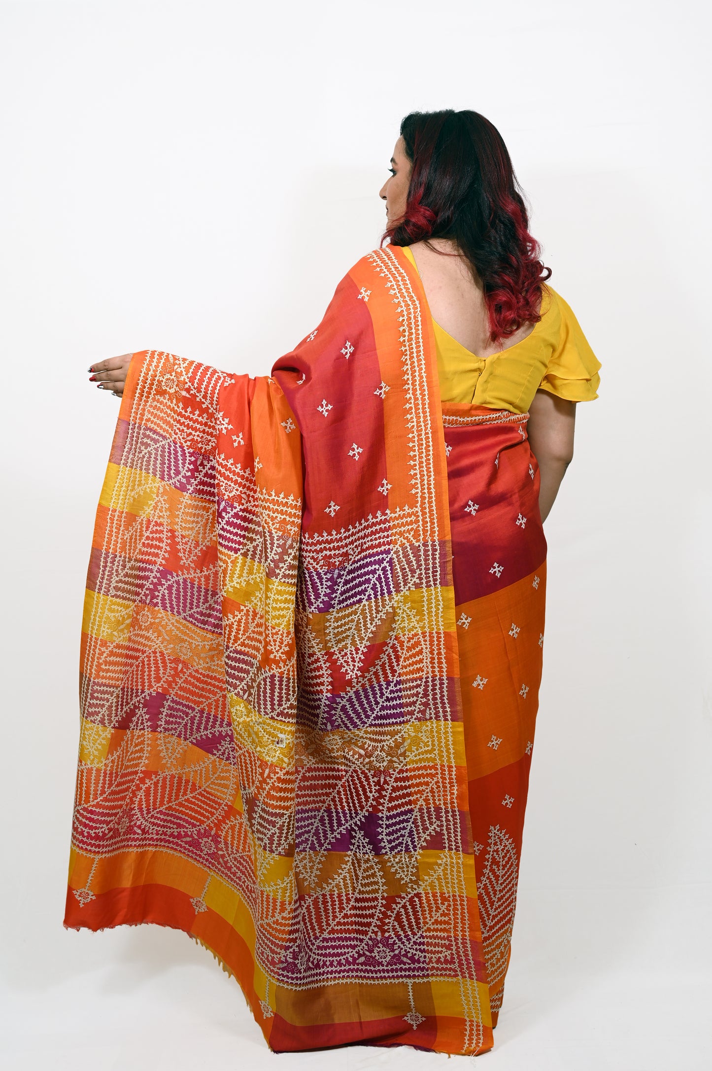 Kutchi Hand Embroidered Pure Katan Silk Saree in Shades of Orange, Red, and Yellow