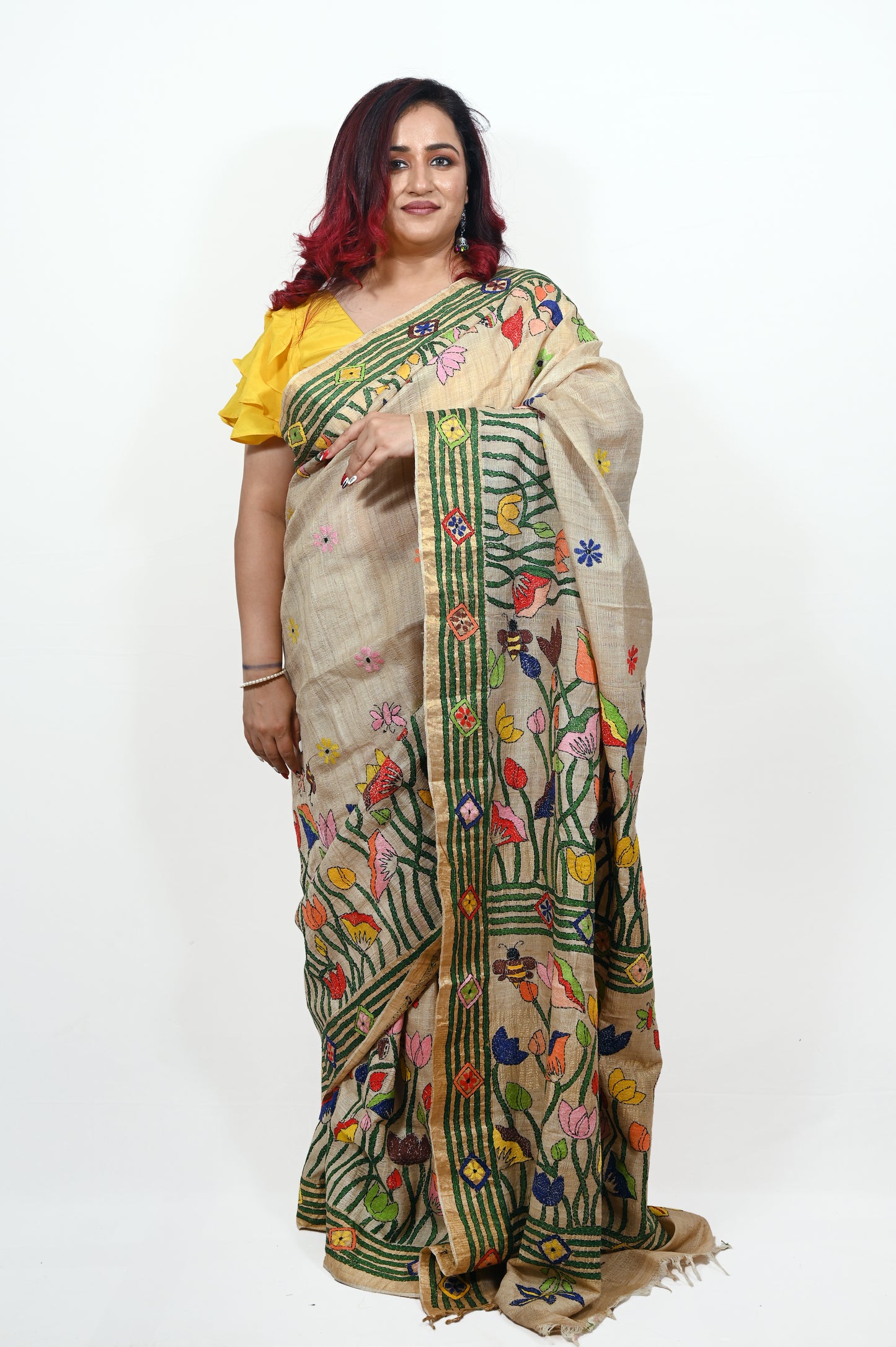 Natural Beige Color Kantha Embroidery Saree