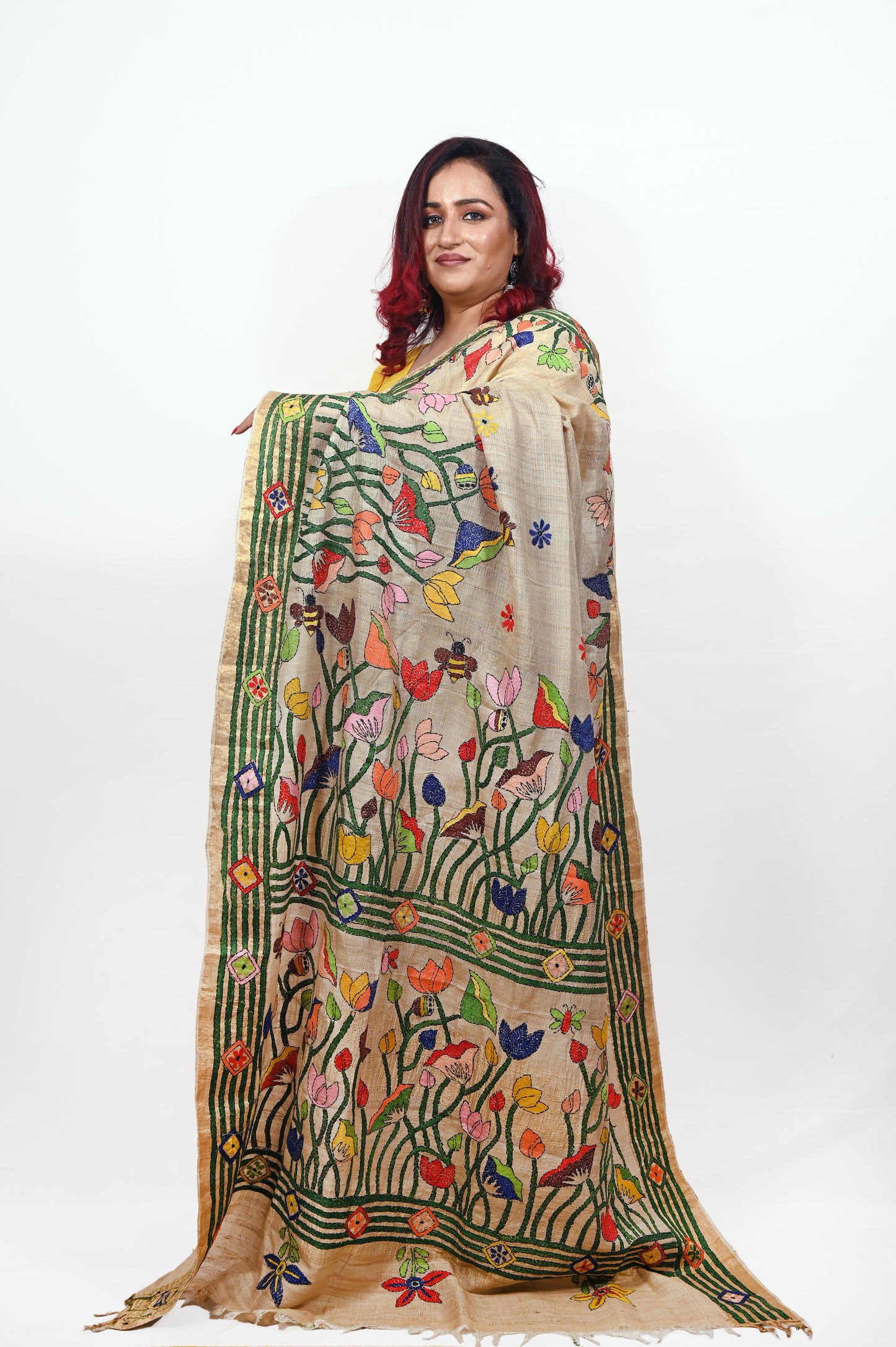 Natural Beige Color Kantha Embroidery Saree