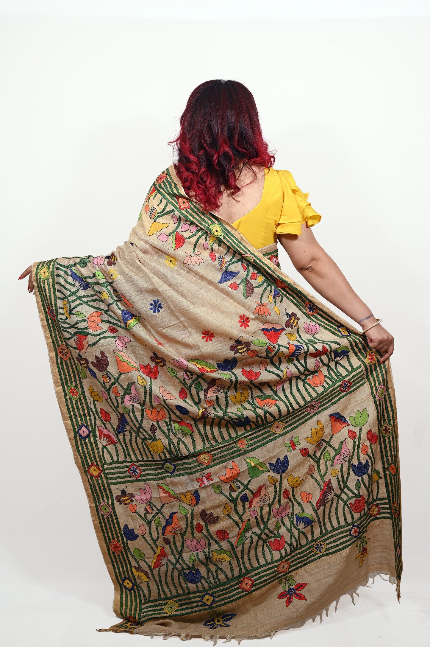 Natural Beige Color Kantha Embroidery Saree