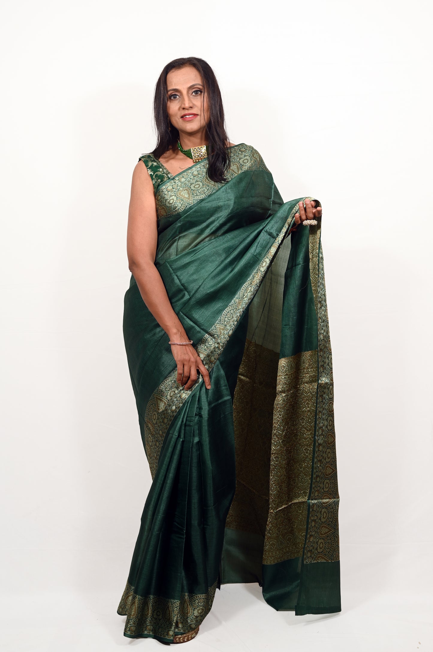 Deep Green Pure Tussar Saree