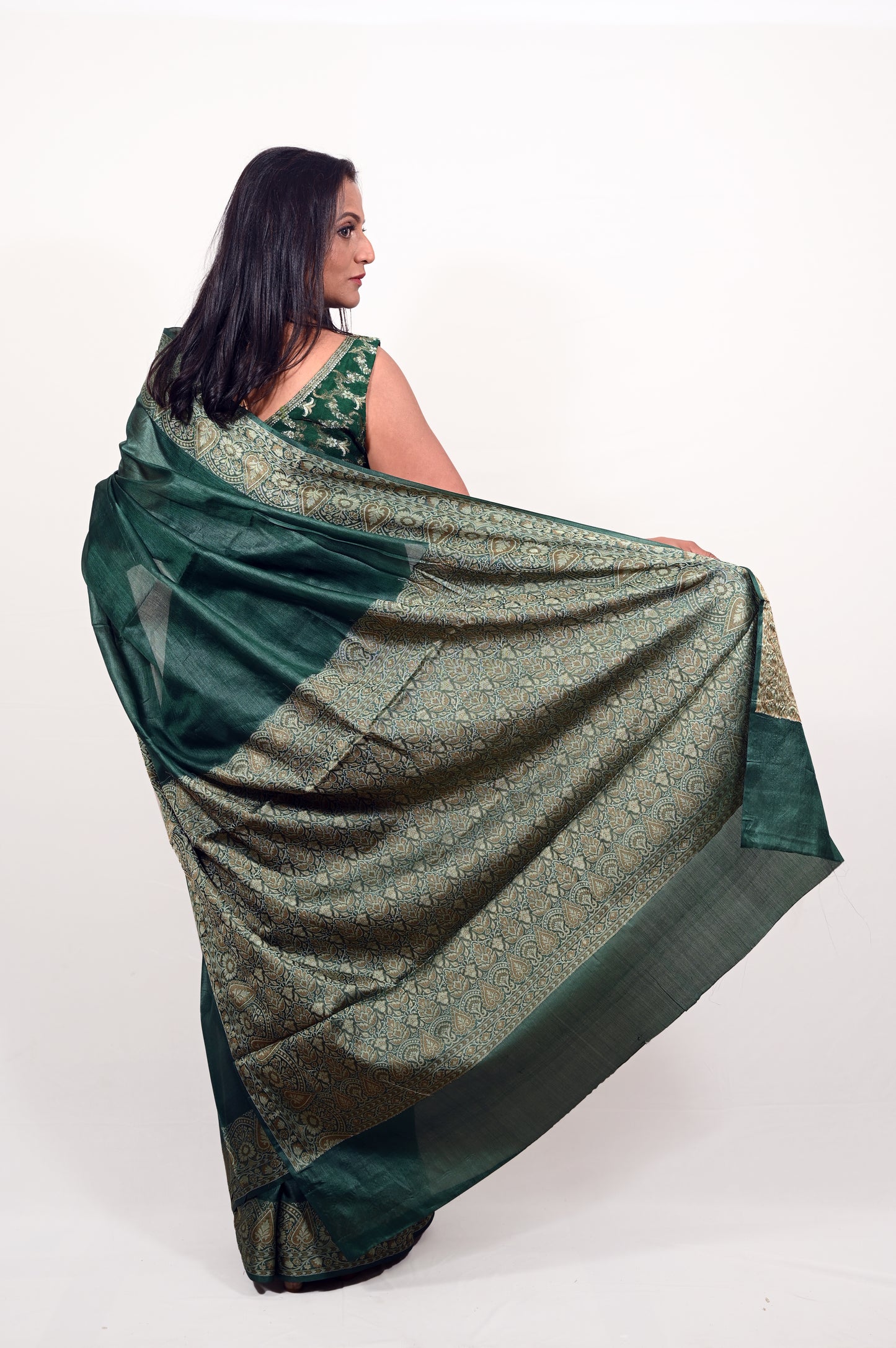 Deep Green Pure Tussar Saree