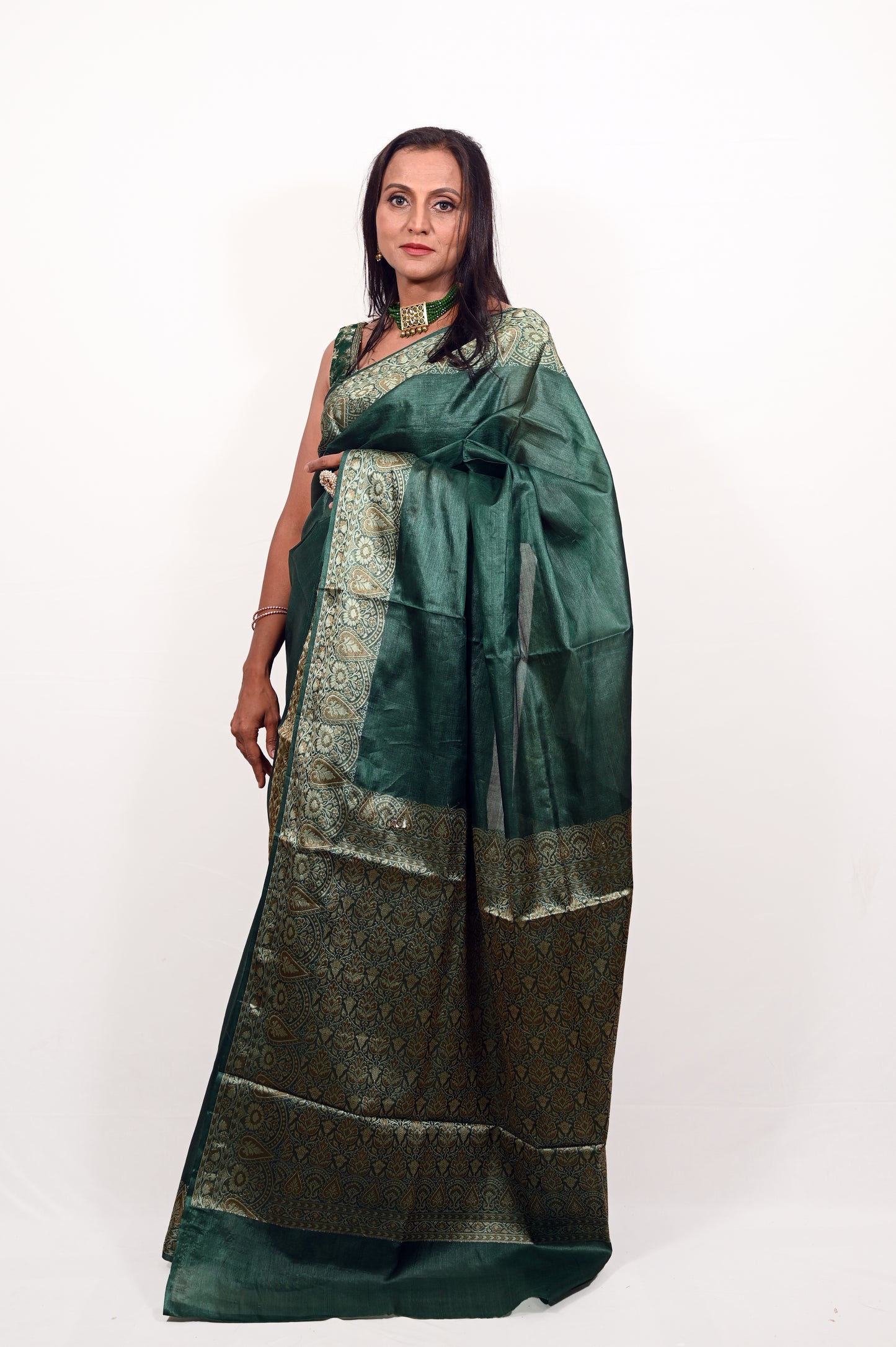 Deep Green Pure Tussar Saree