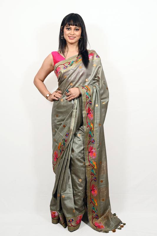 Grey Munga Tussar Saree with Embroidery