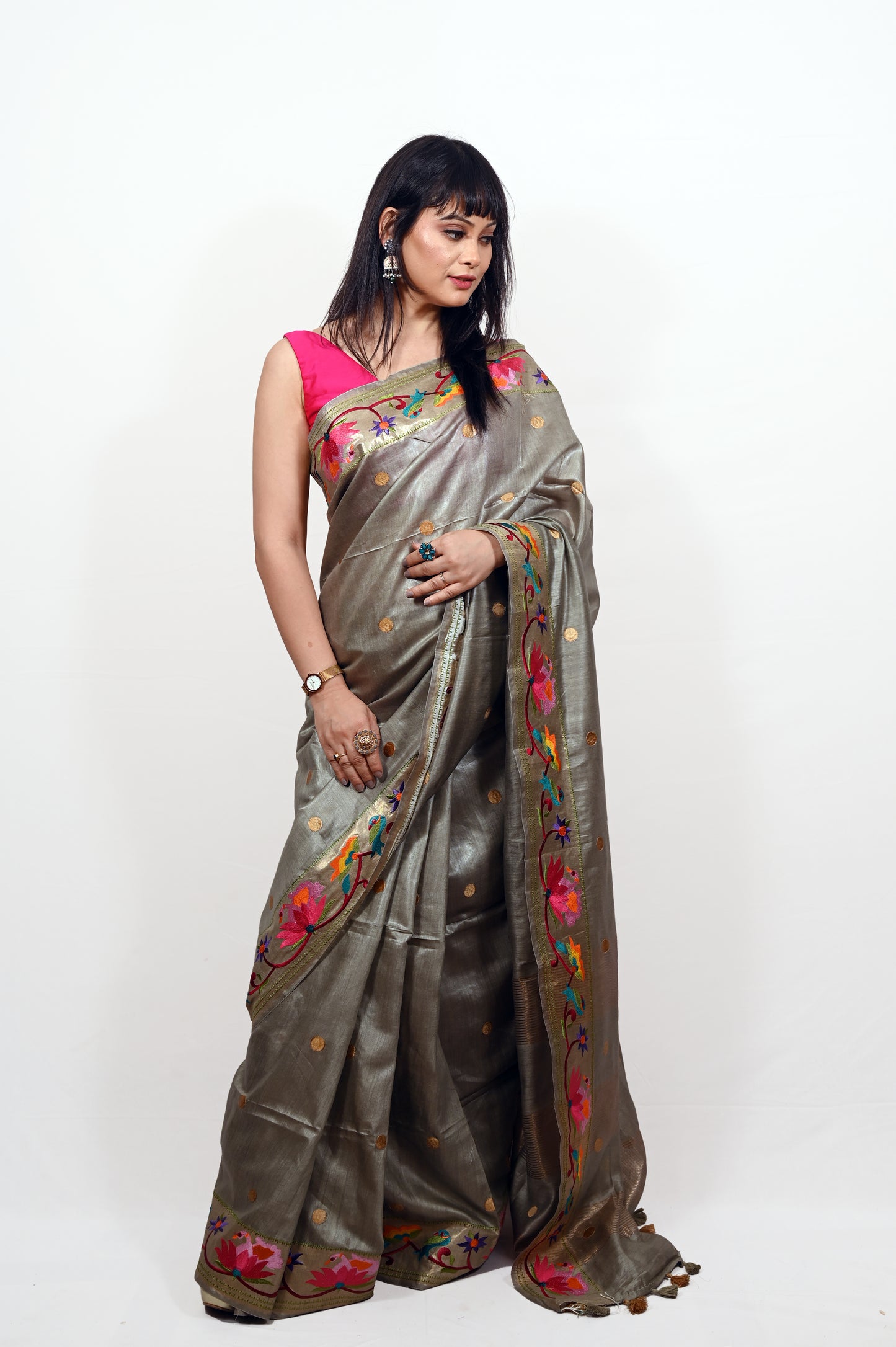 Grey Munga Tussar Saree with Embroidery