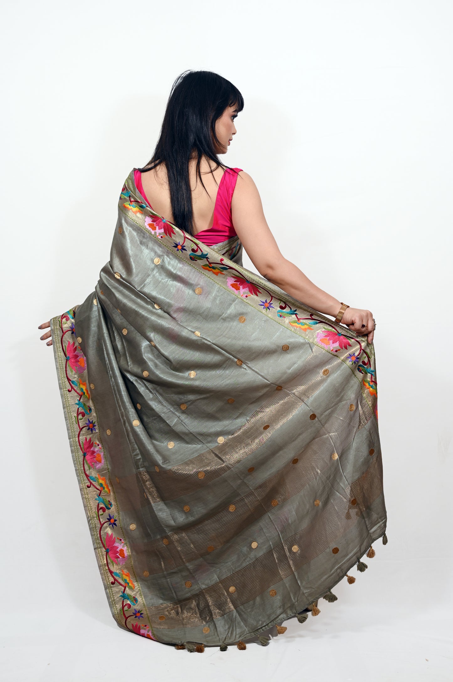 Grey Munga Tussar Saree with Embroidery