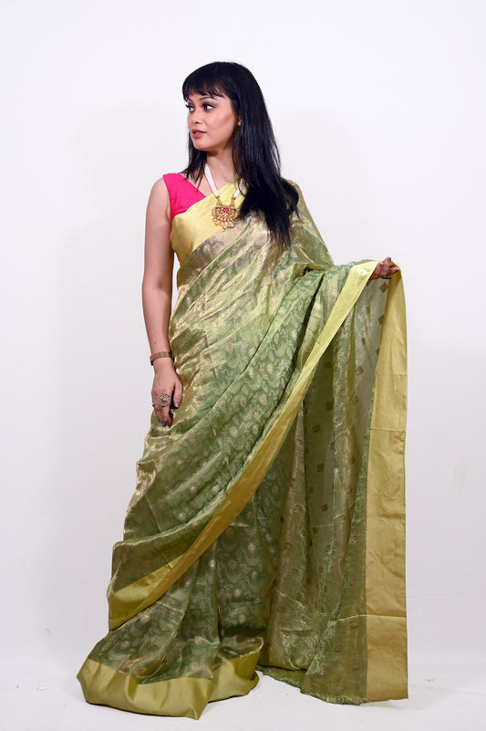 Pista Green Tissue Tanchoi Saree