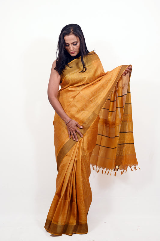 Yellow Dobby Tussar Saree