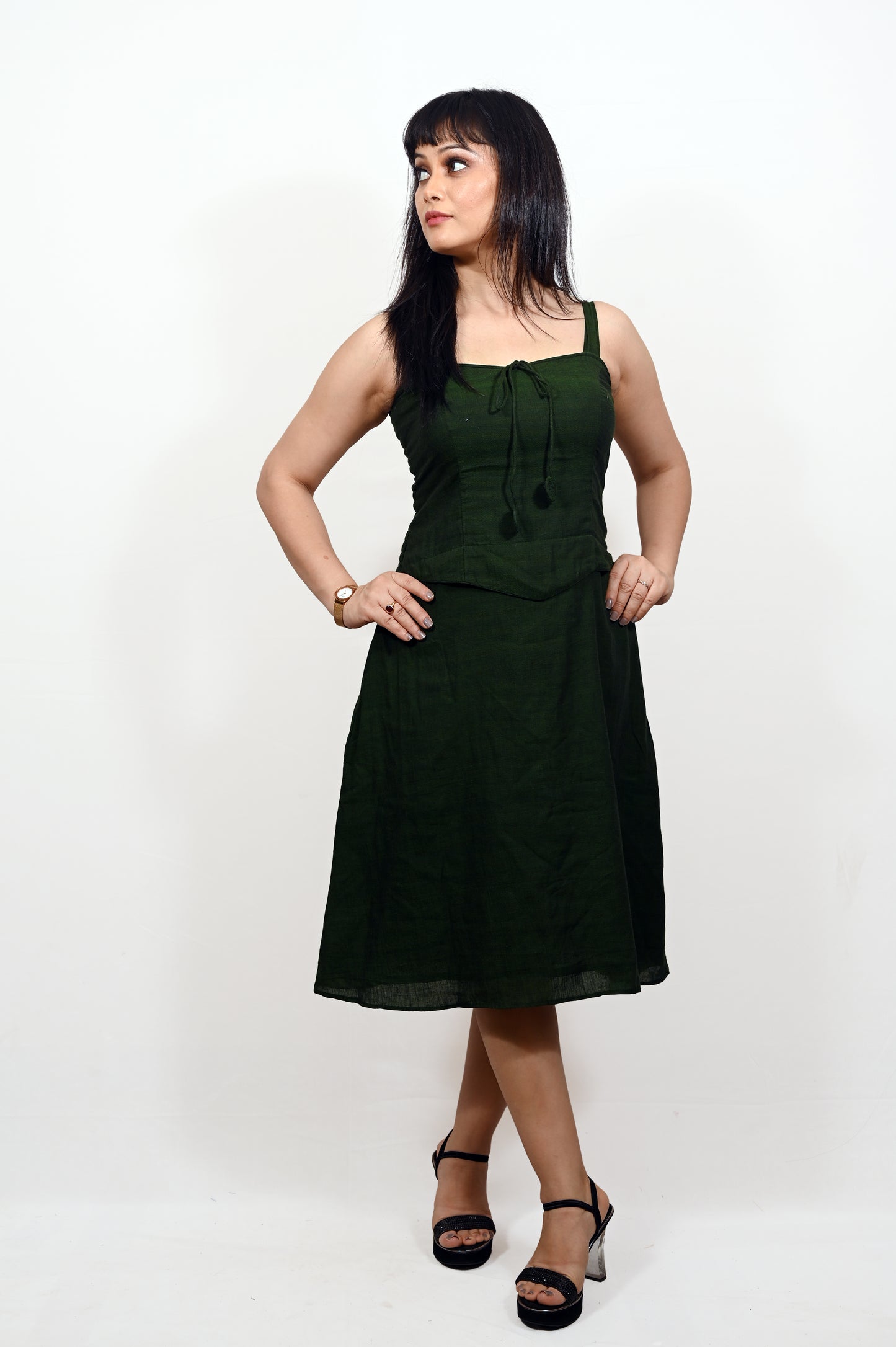 Forest Green Handloom Khadi Cotton Strap Dress