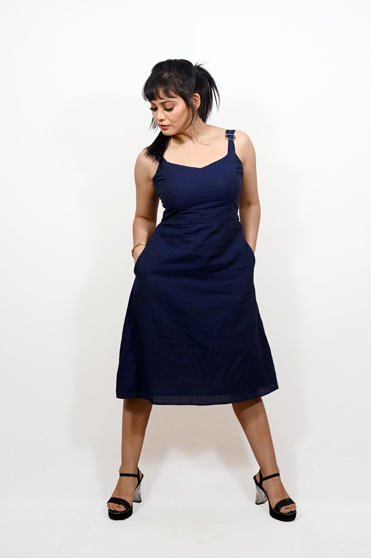 Navy Blue Handloom Elegant Khadi Cotton Dress