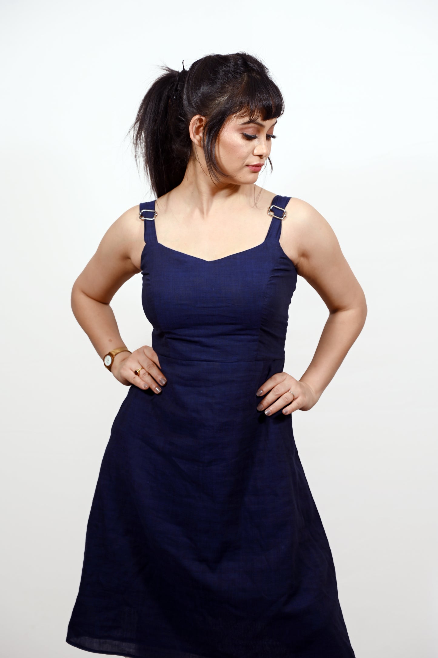 Navy Blue Handloom Elegant Khadi Cotton Dress