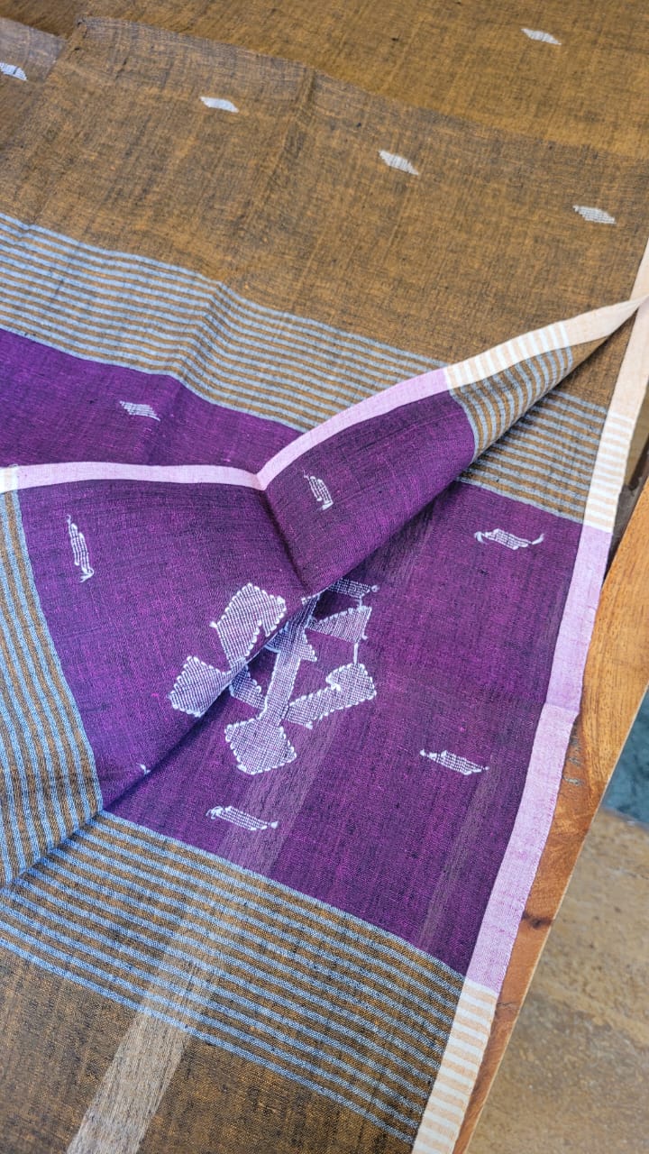 Taupe Colored Pure Cotton Handloom Jamdani Stole