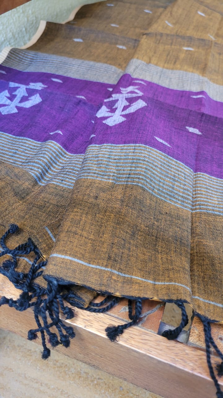 Taupe Colored Pure Cotton Handloom Jamdani Stole