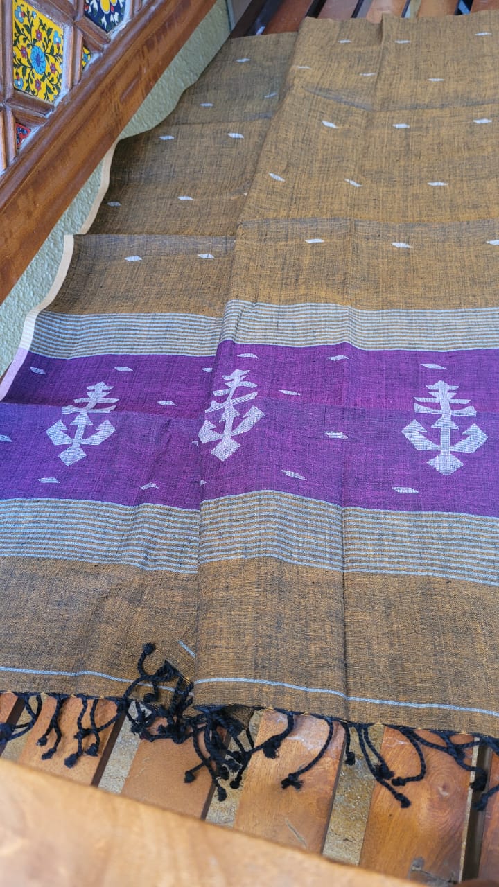 Taupe Colored Pure Cotton Handloom Jamdani Stole
