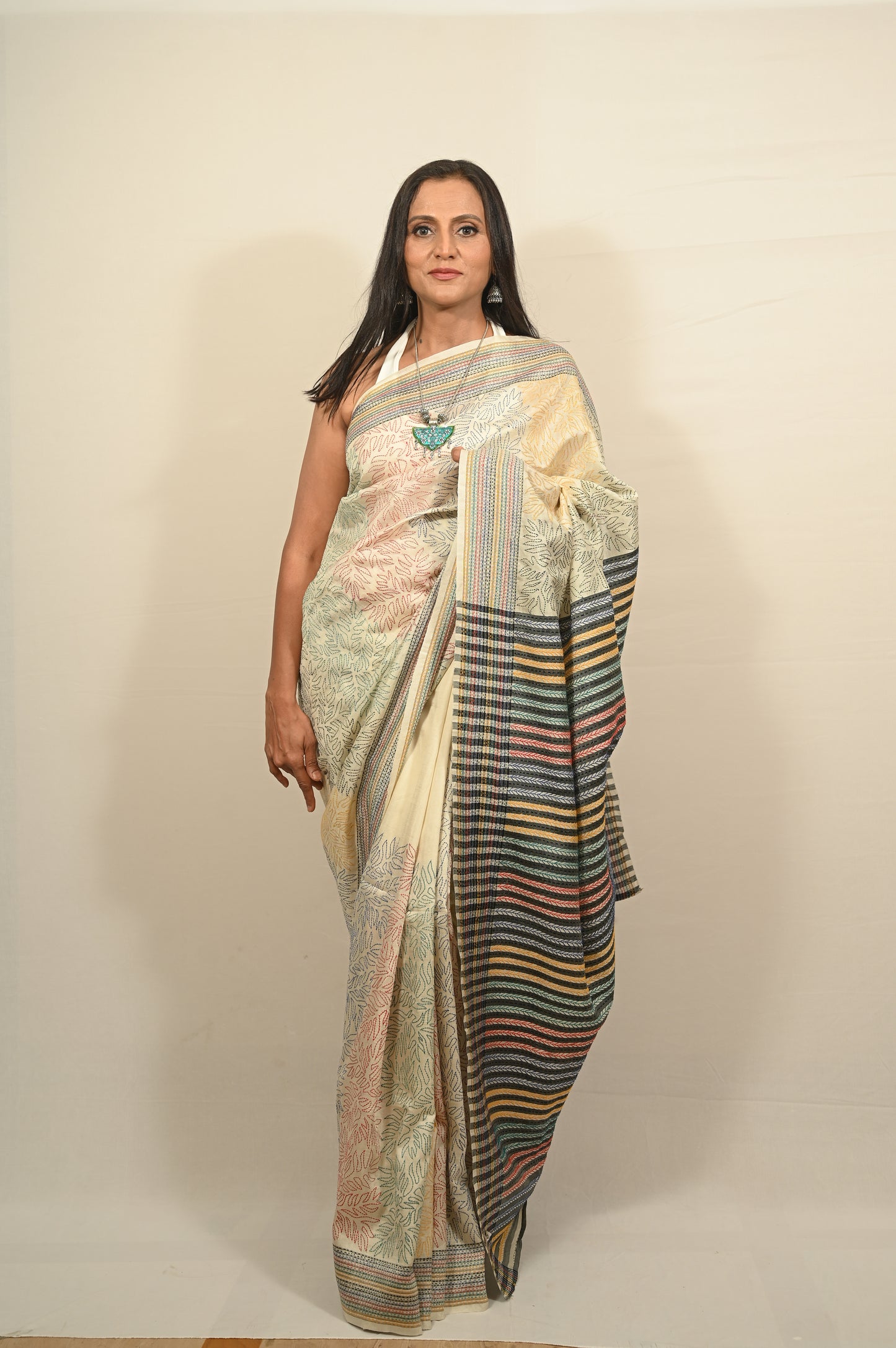 Ivory Kantha Hand Embroidered Pure Tussar Saree