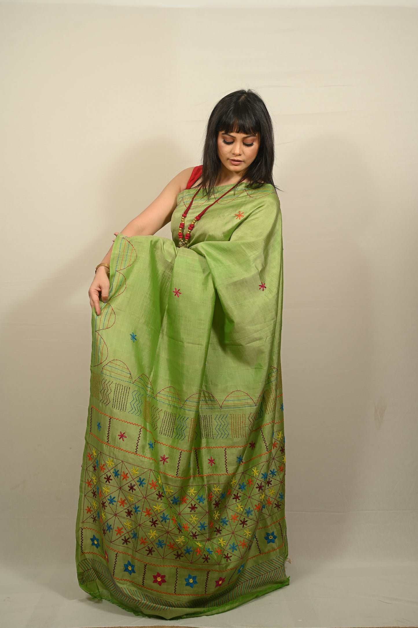 Pure Silk Kantha Embroidered Saree