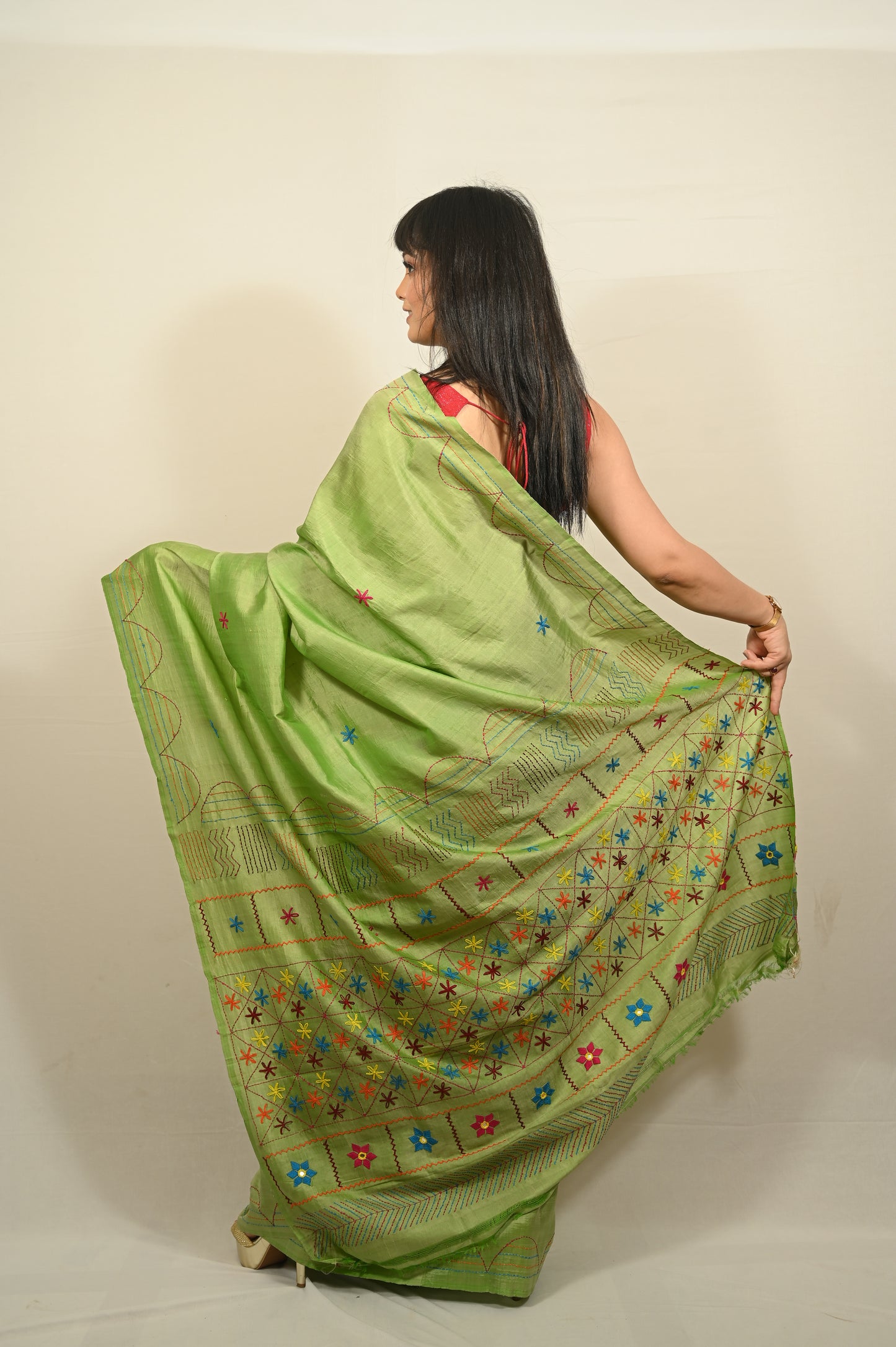 Pure Silk Kantha Embroidered Saree