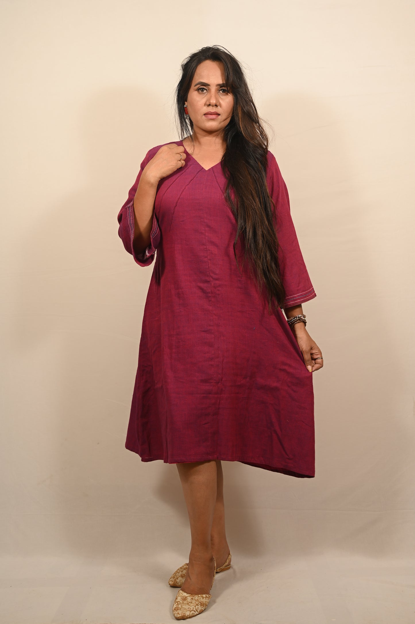 Maroon Khadi Cotton Lounge Dress