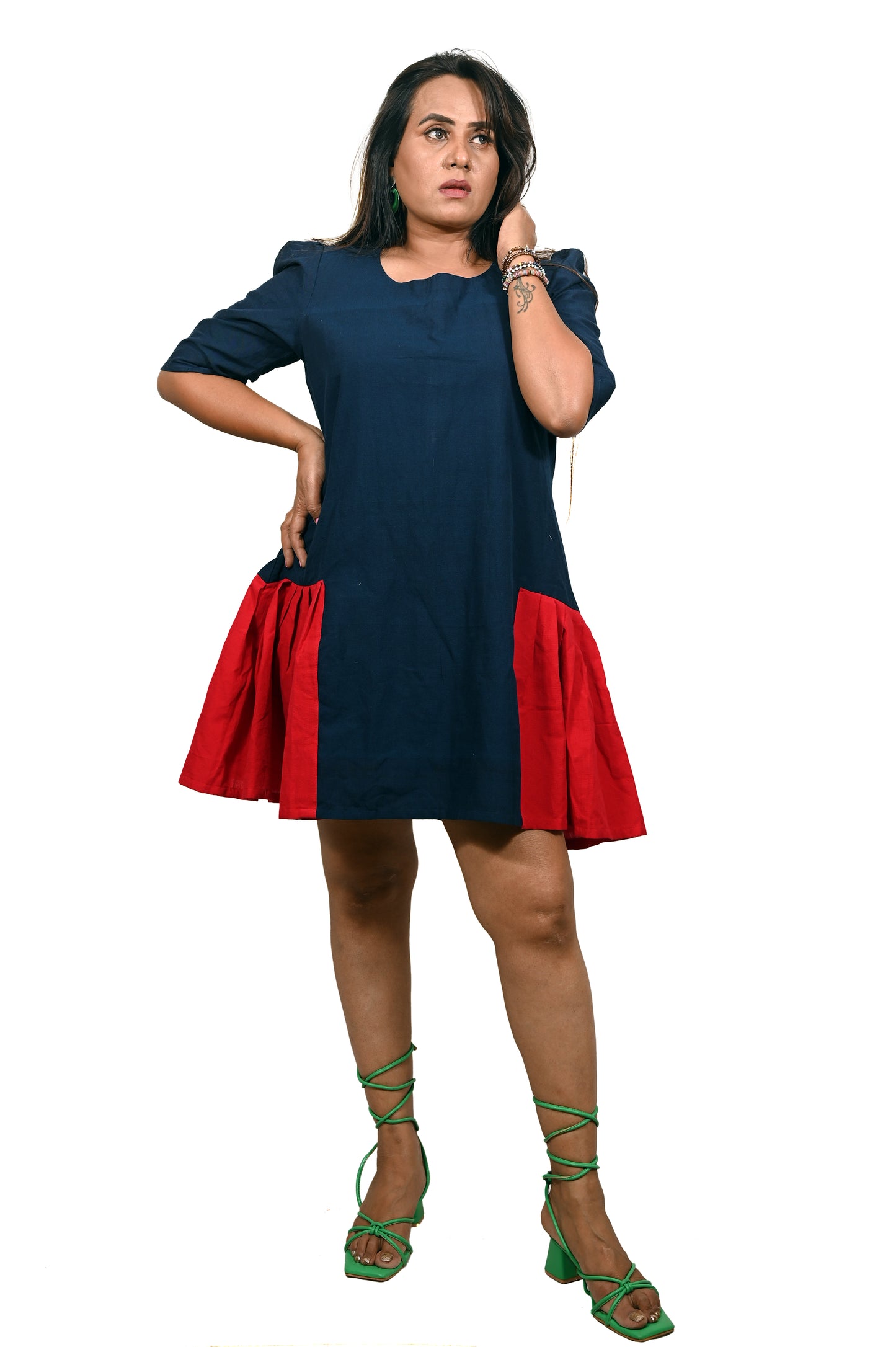 Navy and Red Handloom Pure Cotton Dress