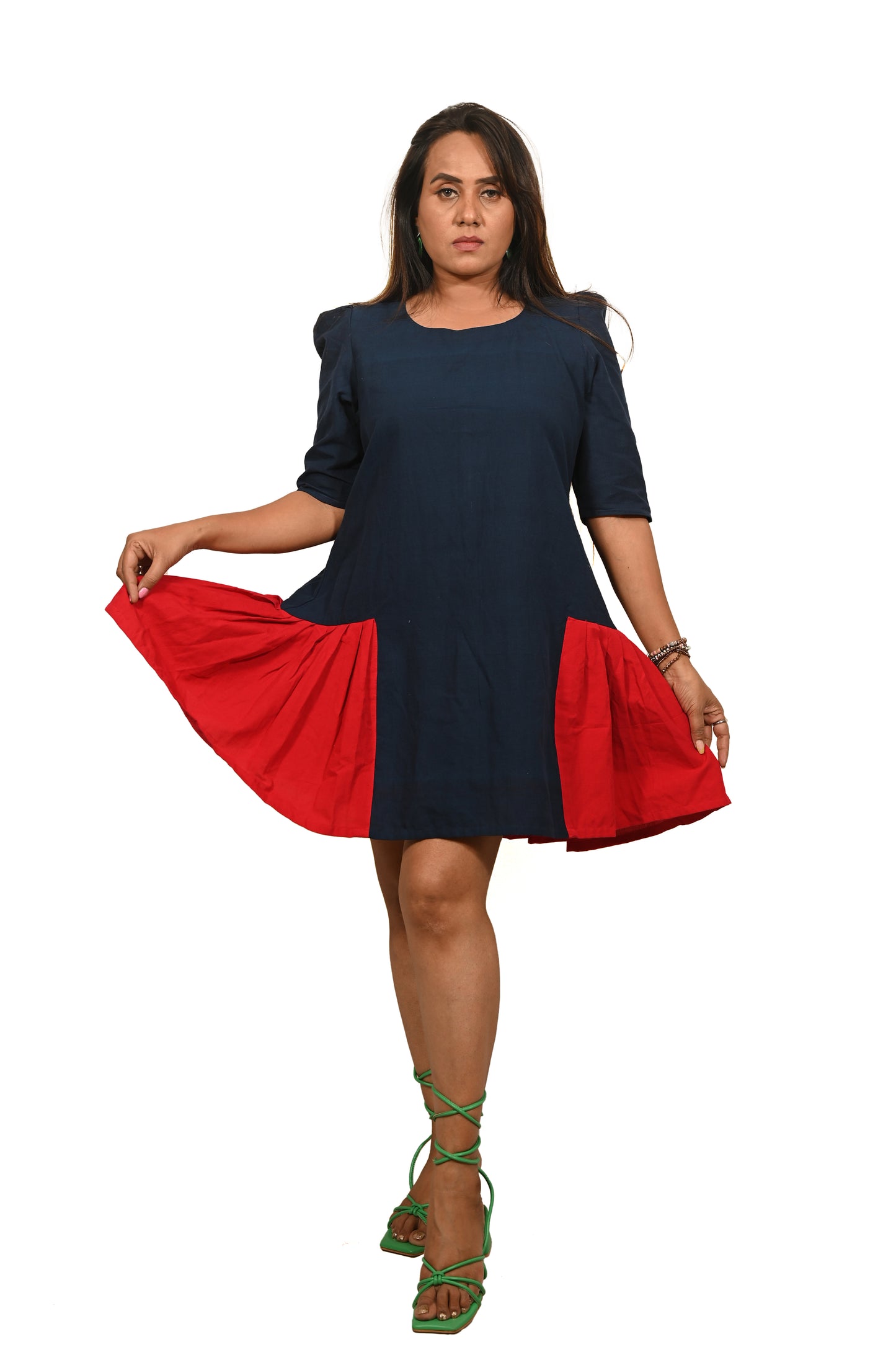 Navy and Red Handloom Pure Cotton Dress