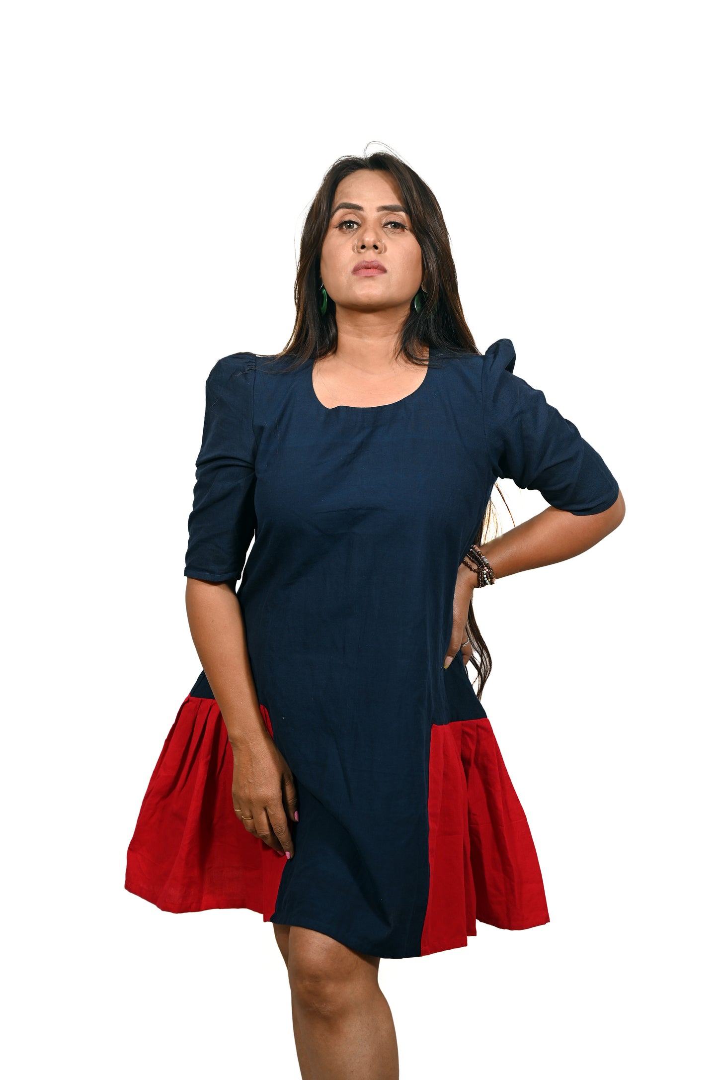 Navy and Red Handloom Pure Cotton Dress