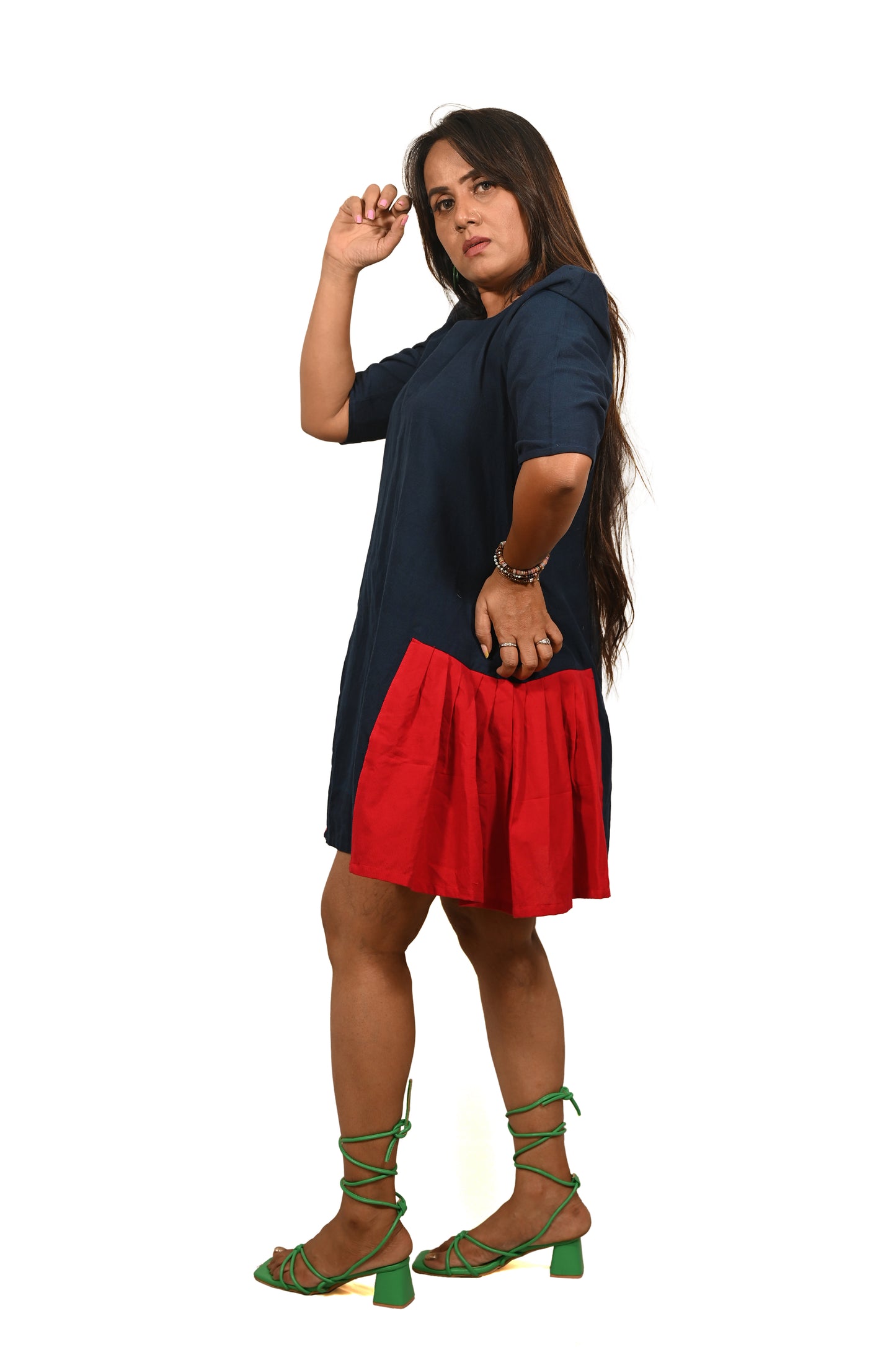 Navy and Red Handloom Pure Cotton Dress