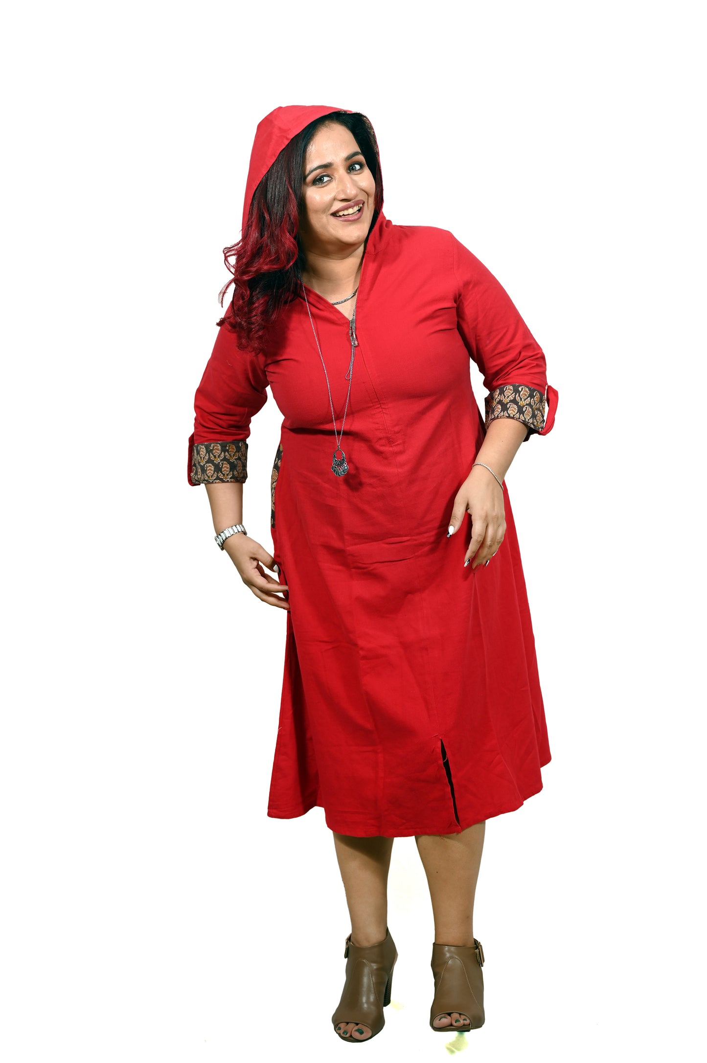 Red Hooded Pure Cotton Dress