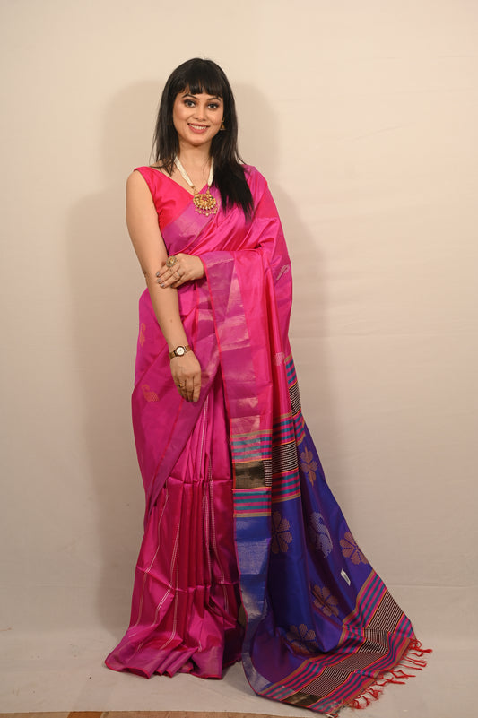 Pure Silk Kalakshetra Saree in Pink Color