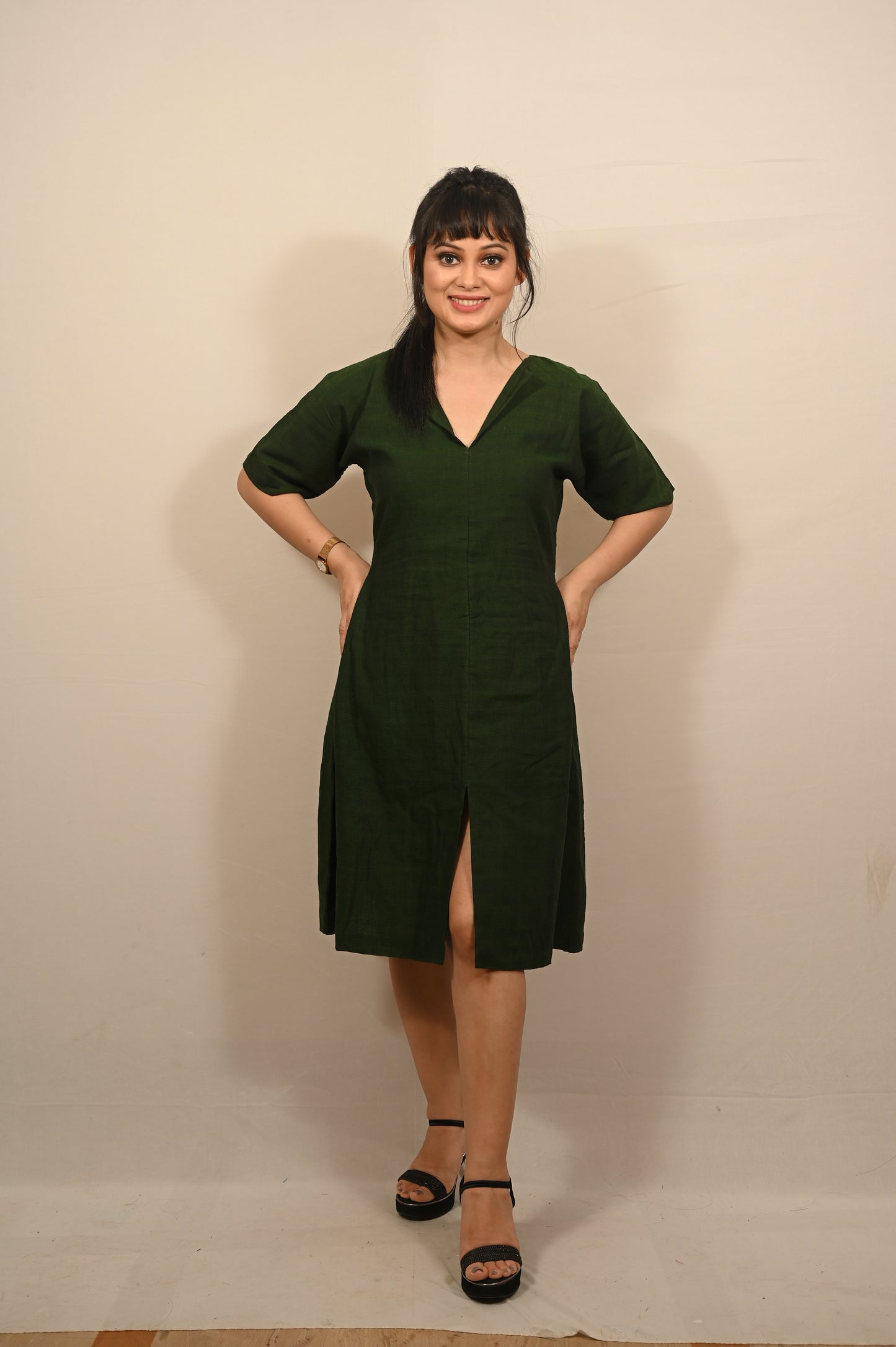 Forest Green Khadi Cotton Dress