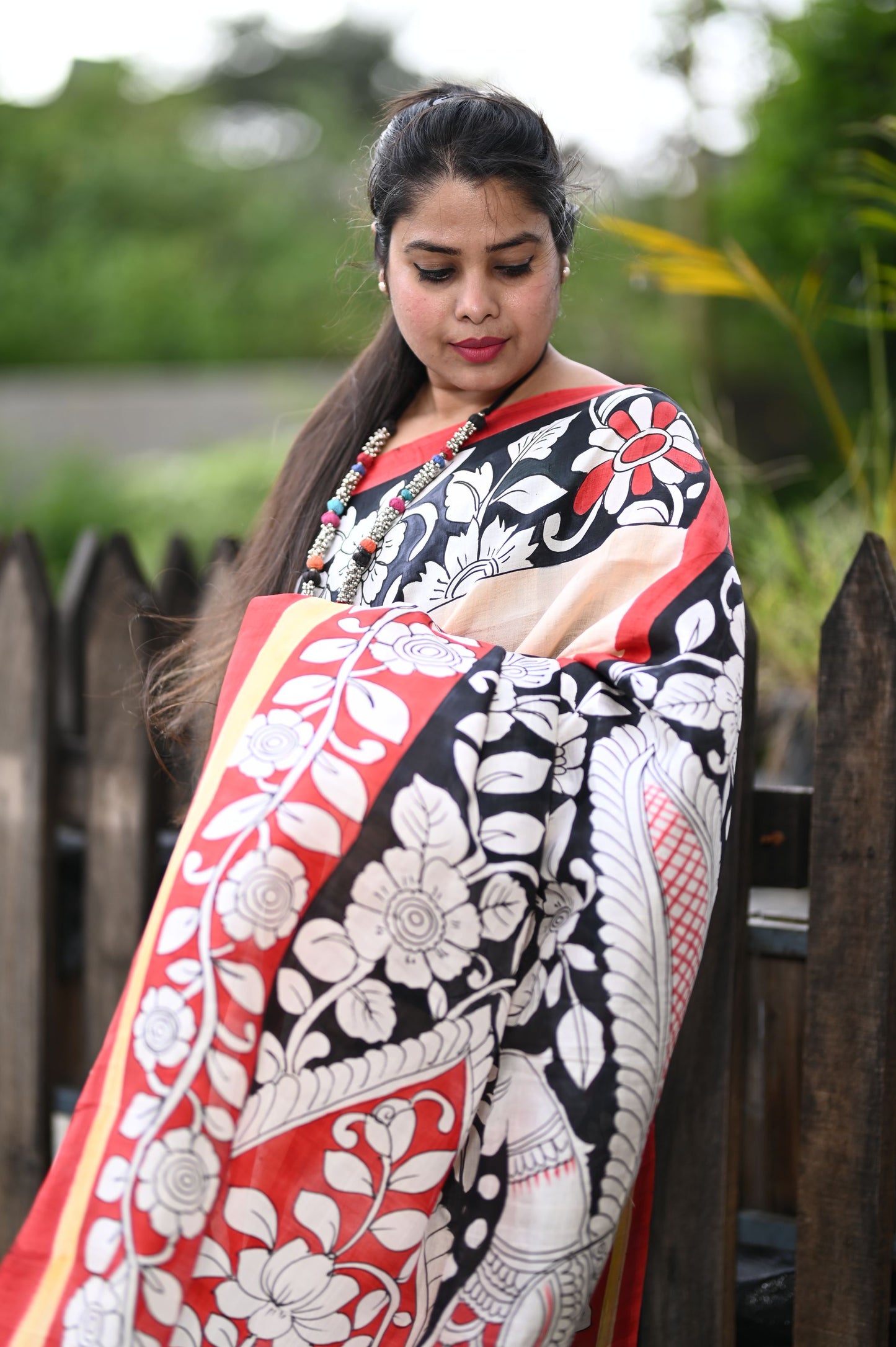 Off White & Black Kalamkari Hand Painted Pure Silk Saree