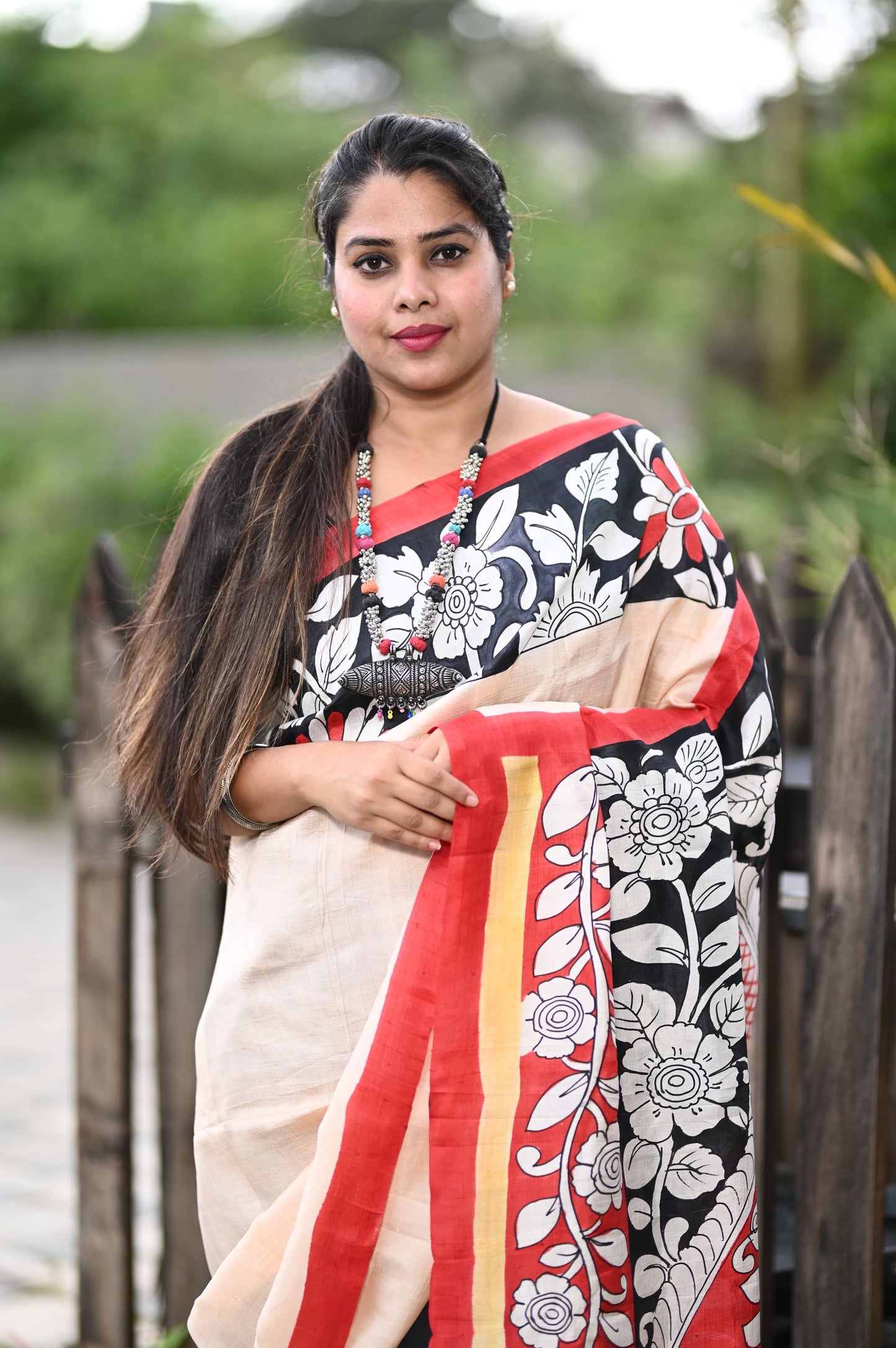 Off White & Black Kalamkari Hand Painted Pure Silk Saree