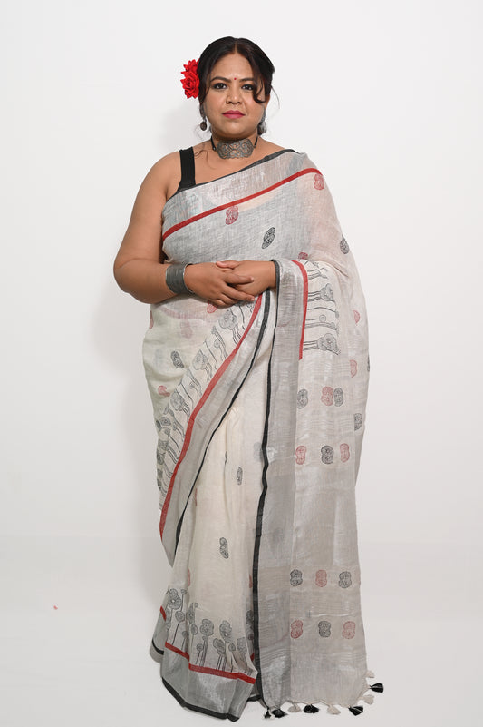 White Pure Linen Block printed Saree