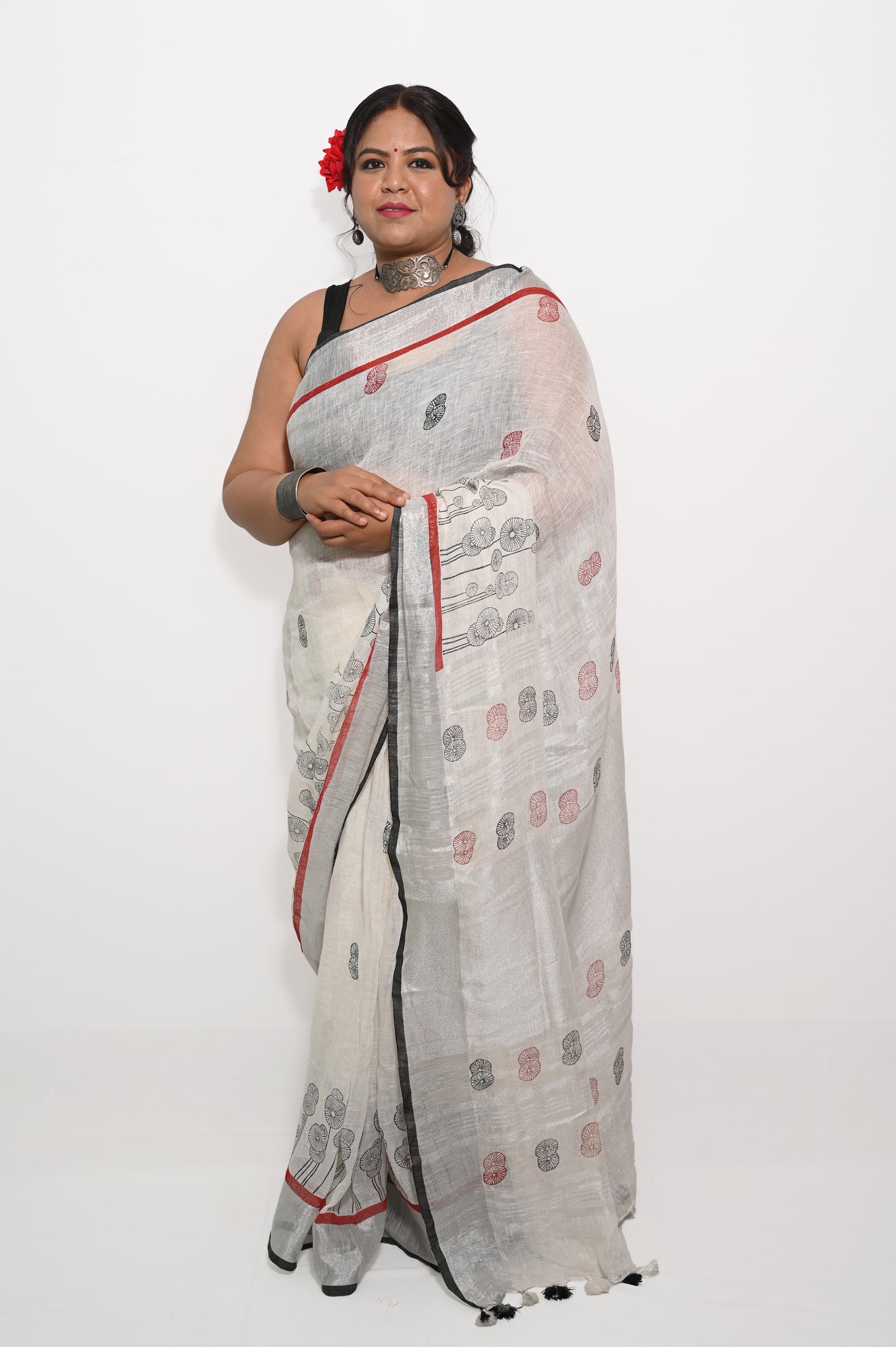 White Pure Linen Block printed Saree