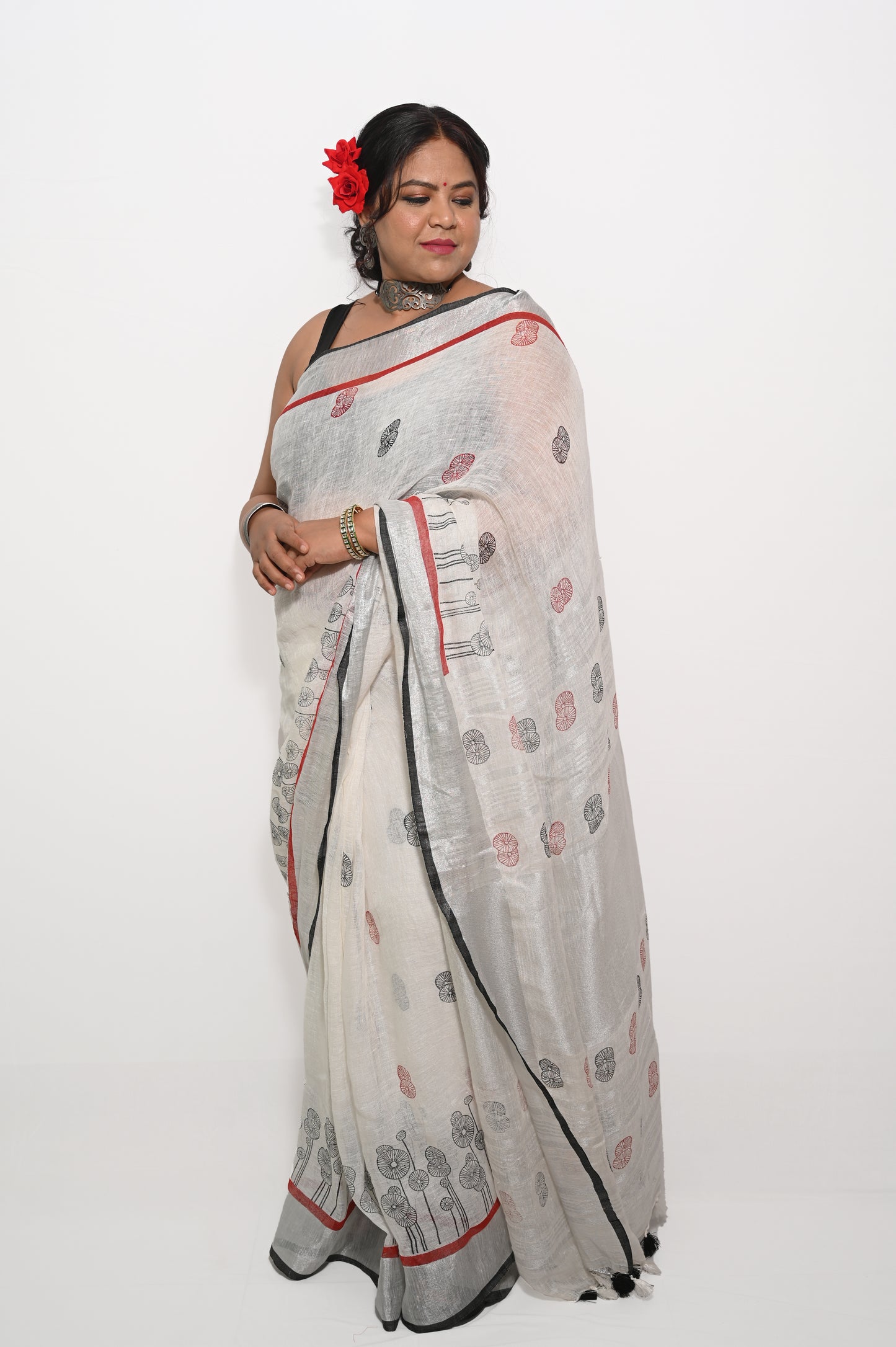 White Pure Linen Block printed Saree