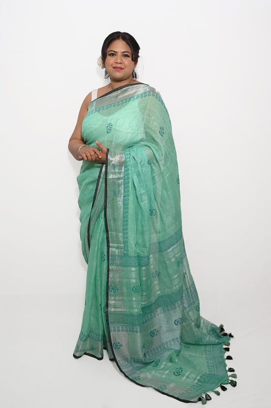 Teal Pure Linen Block printed Saree