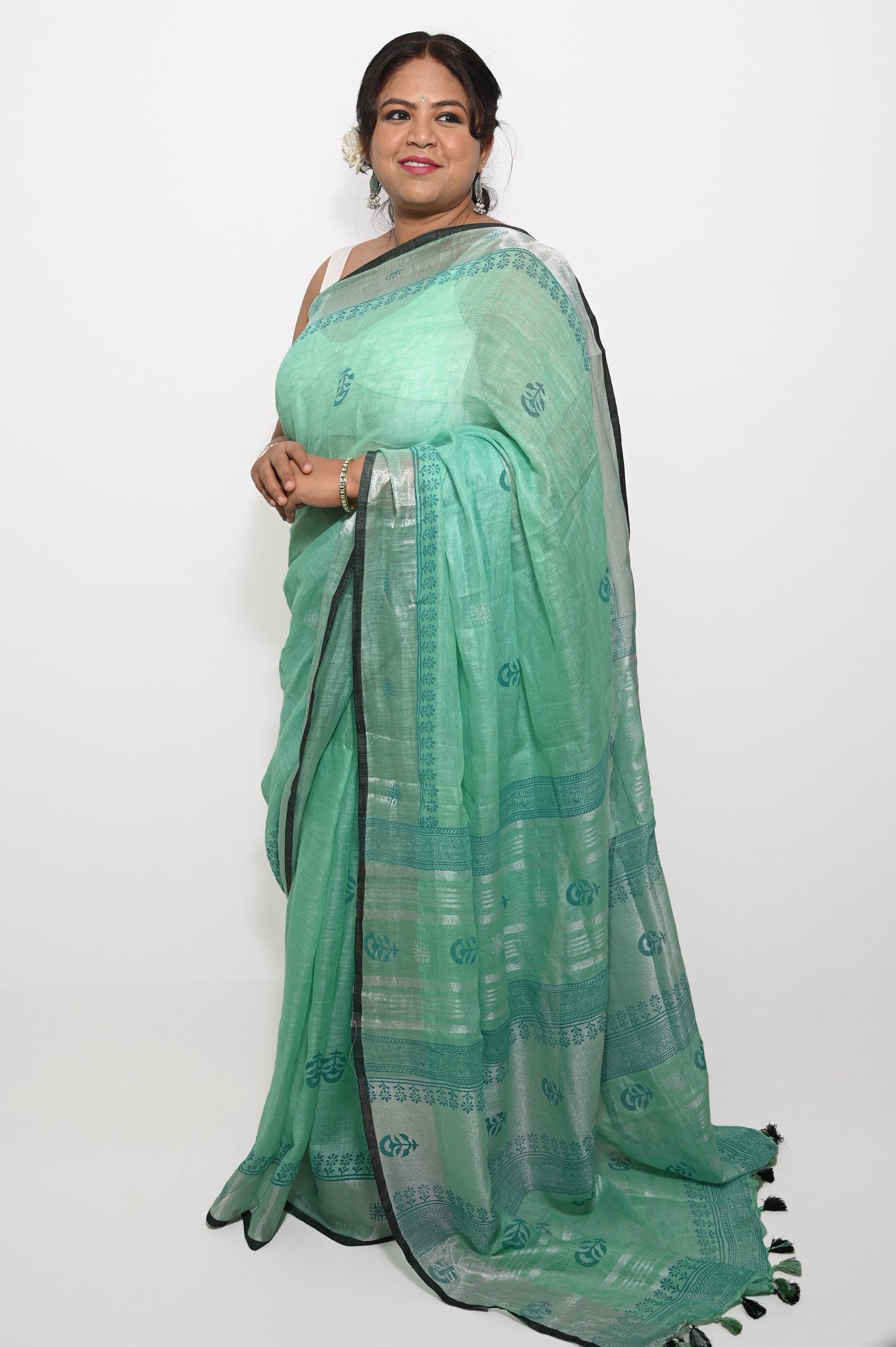 Teal Pure Linen Block printed Saree