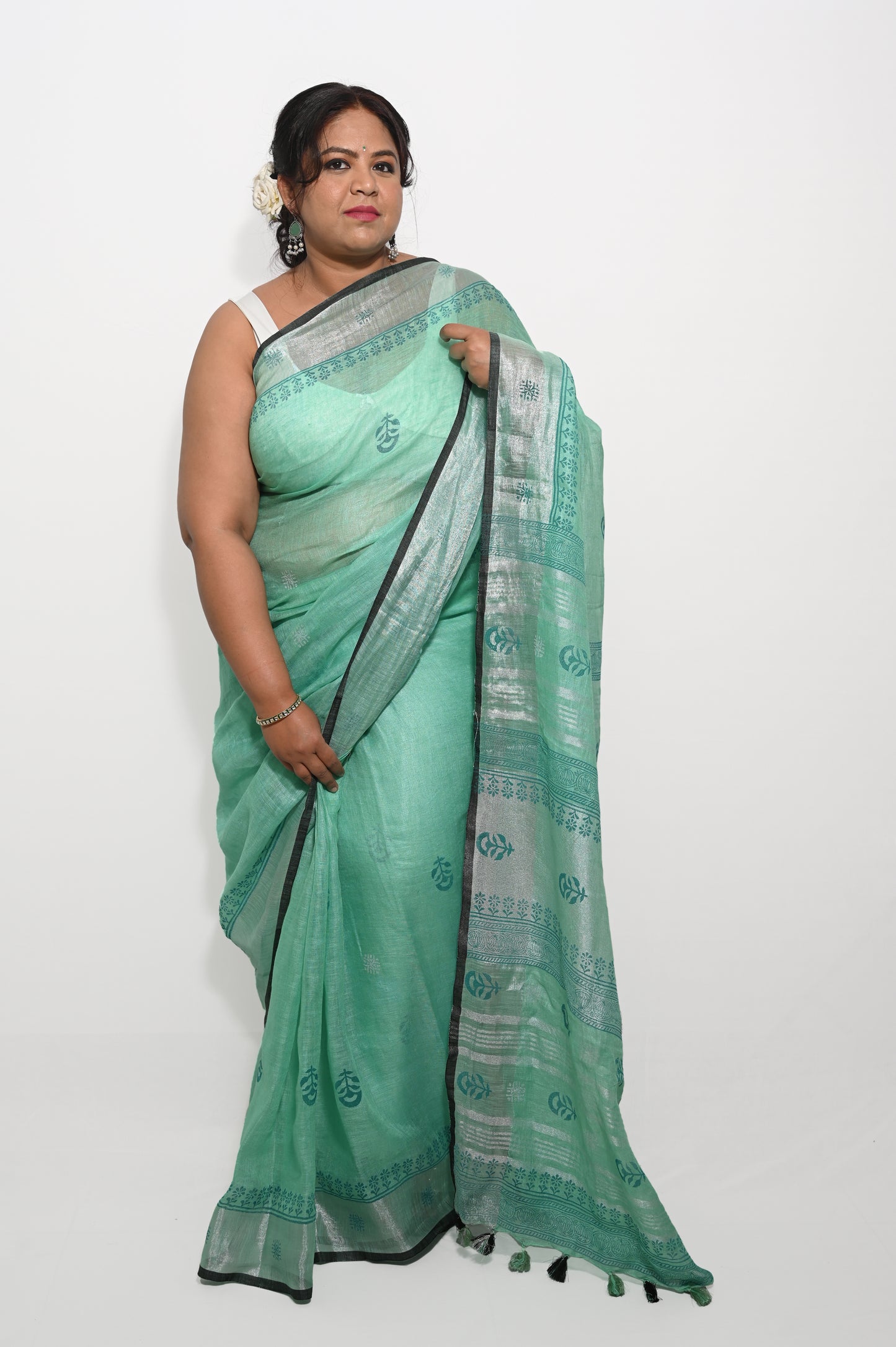 Teal Pure Linen Block printed Saree