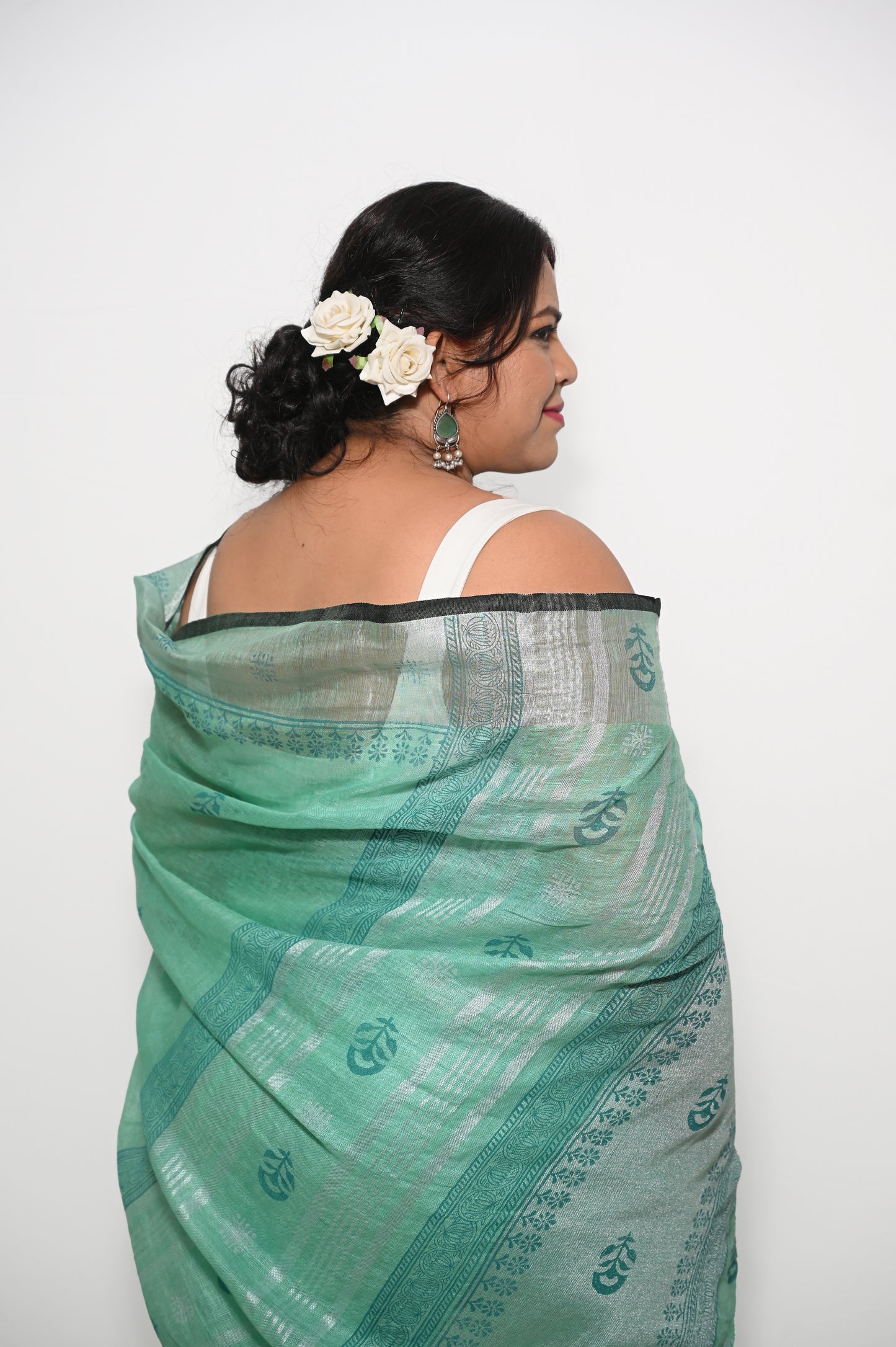 Teal Pure Linen Block printed Saree