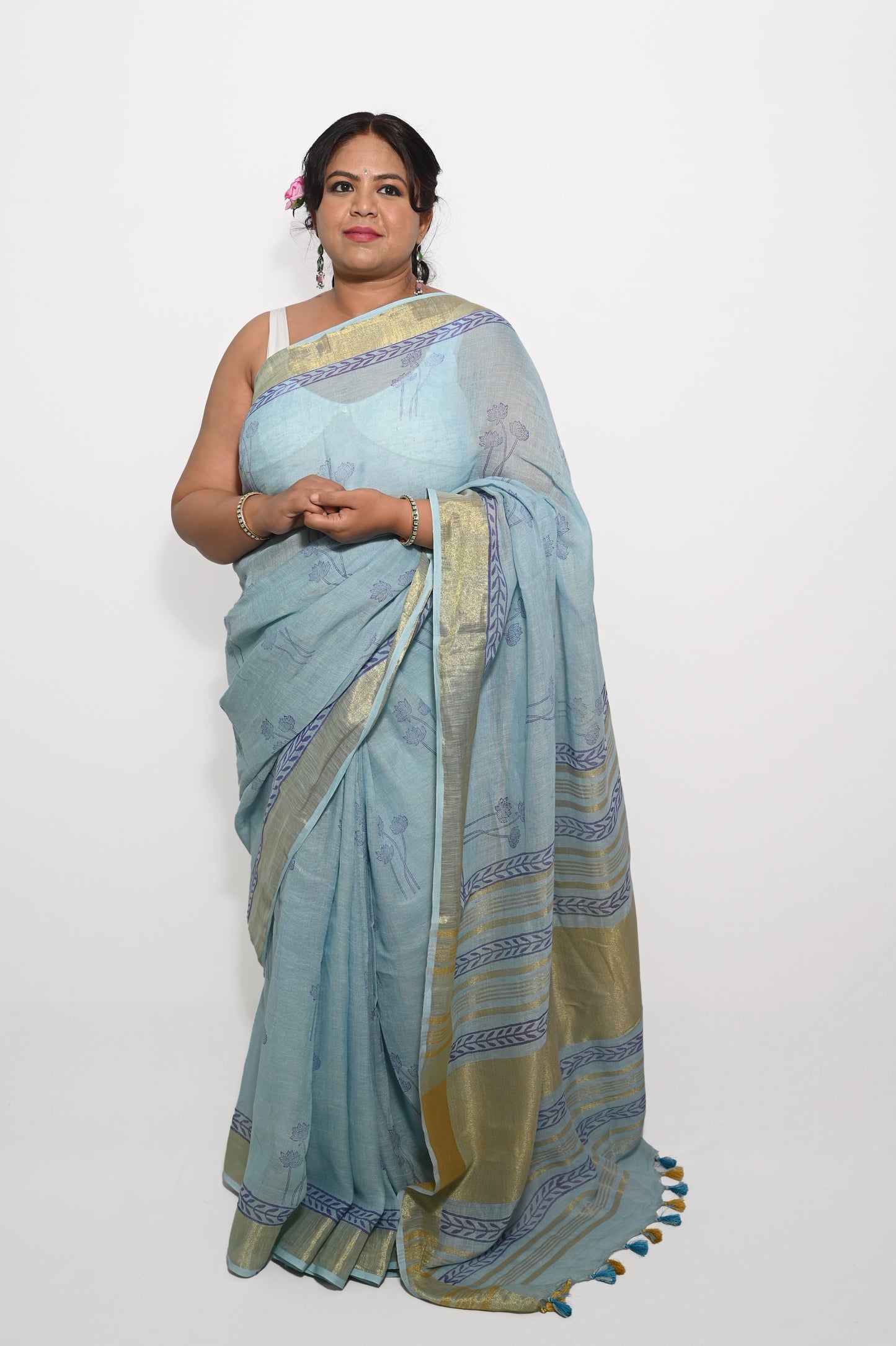 Sky Blue Pure Linen Block printed Saree