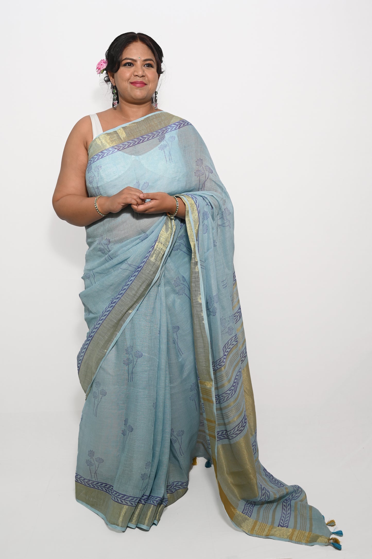 Sky Blue Pure Linen Block printed Saree