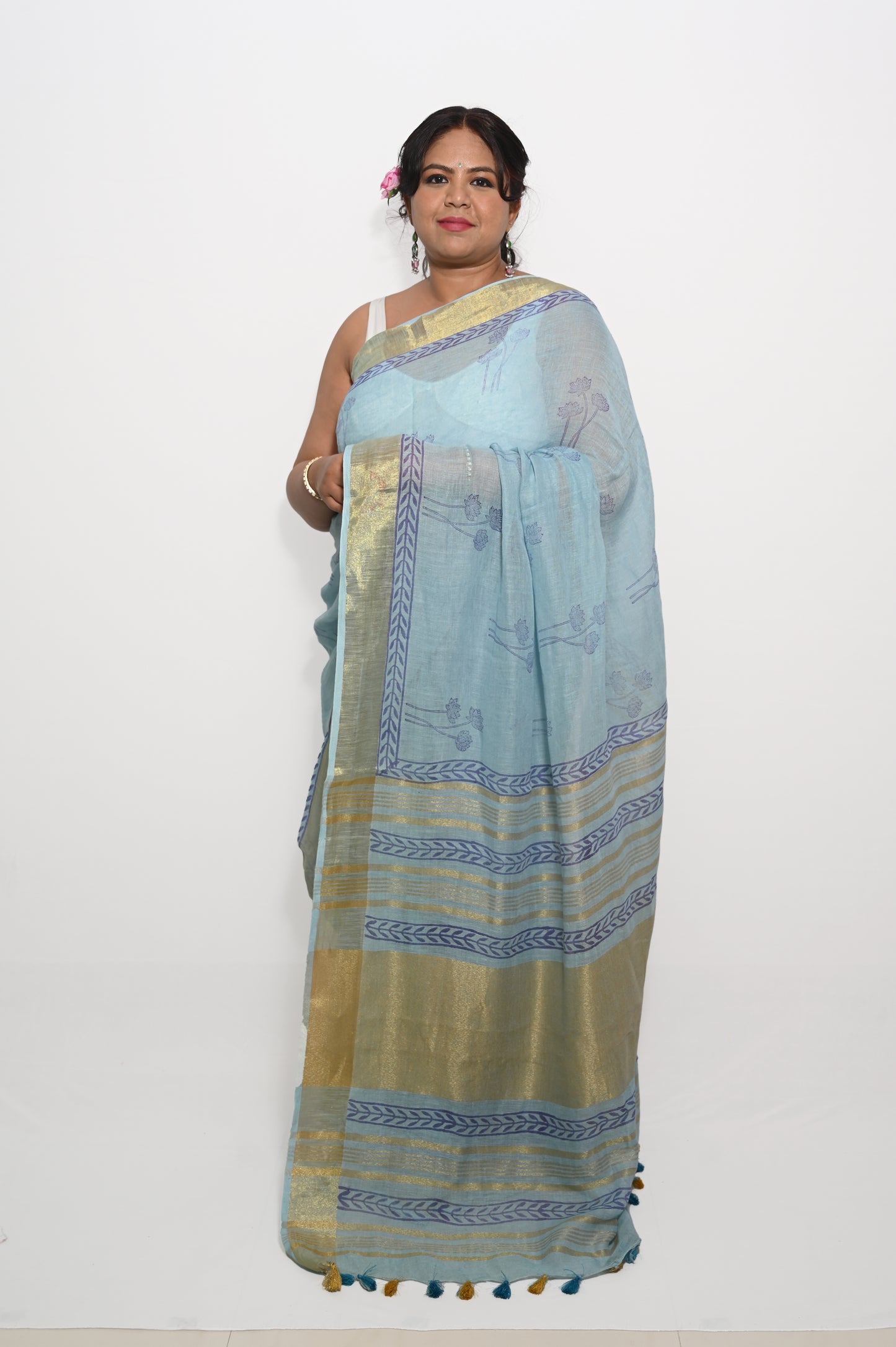 Sky Blue Pure Linen Block printed Saree