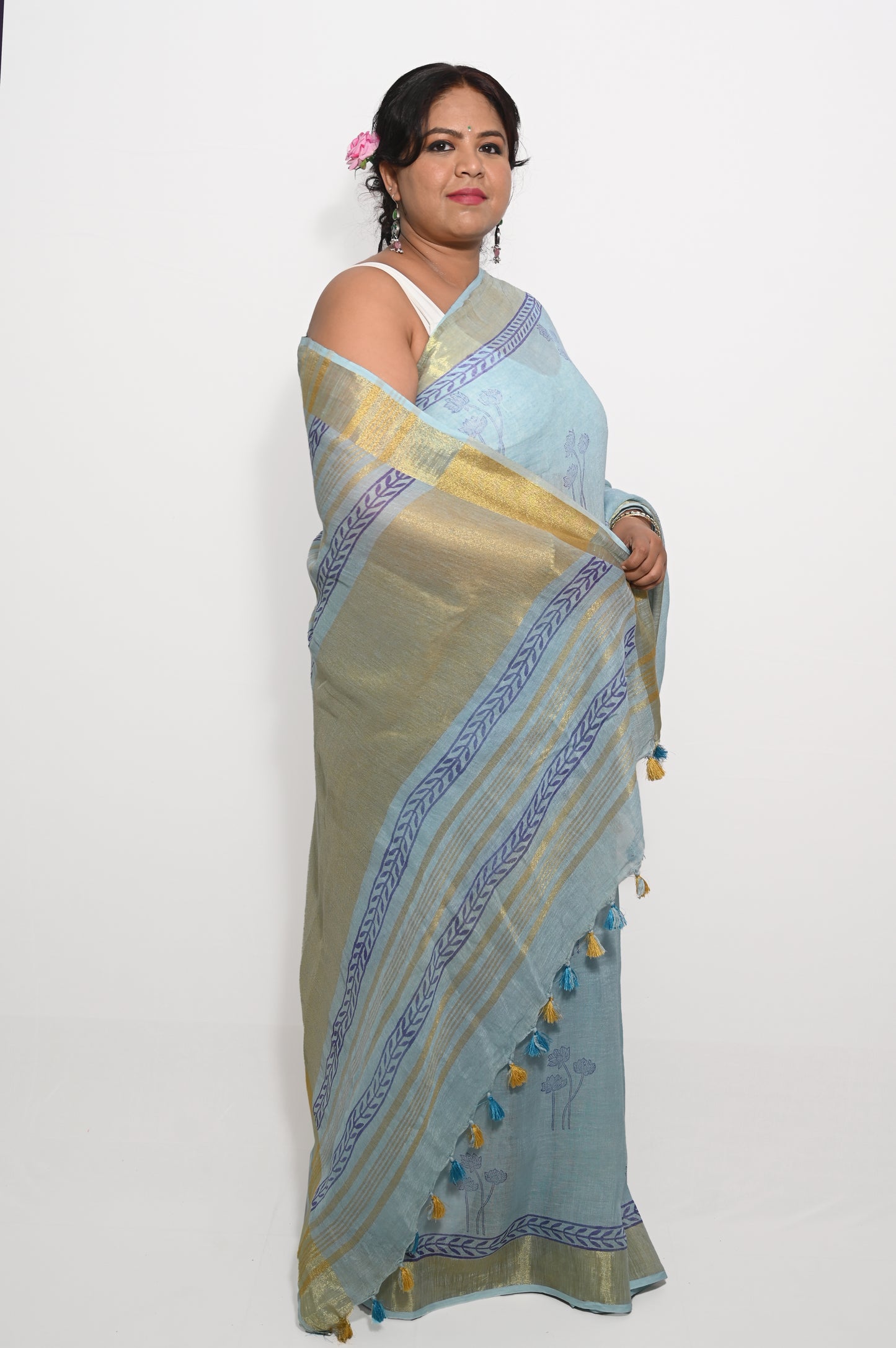 Sky Blue Pure Linen Block printed Saree