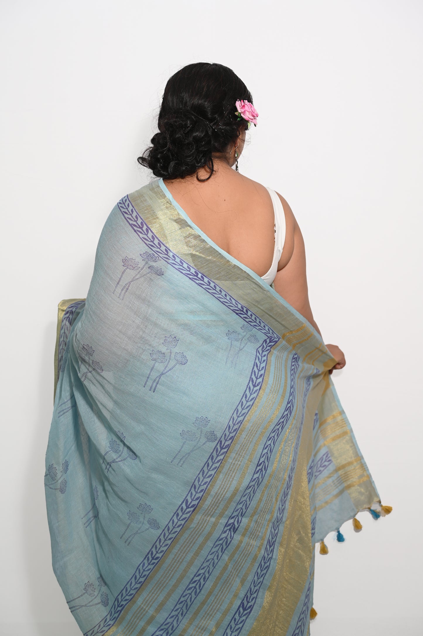 Sky Blue Pure Linen Block printed Saree